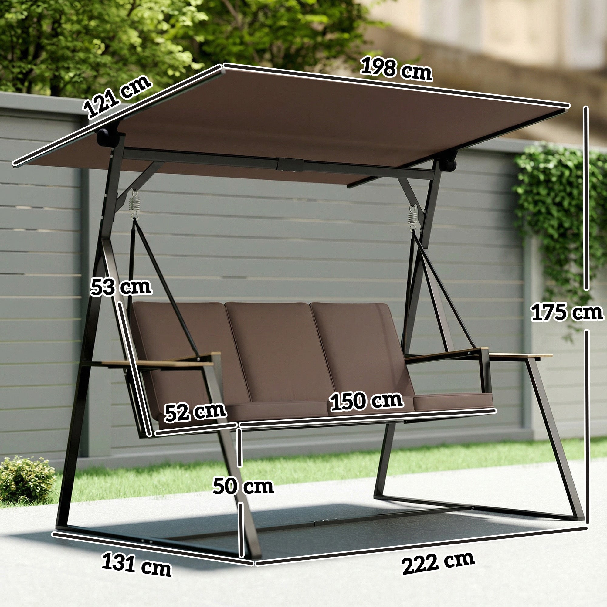 Outsunny Columpio de Jardín de 3 Plazas, Balancín de Jardín Exterior con Techo Ajustable UPF50+, 2 Bandejas, Cojines y Marco de Metal, para Balcón, Terraza, Patio, Carga 360 kg, 222x131x175 cm, Marrón