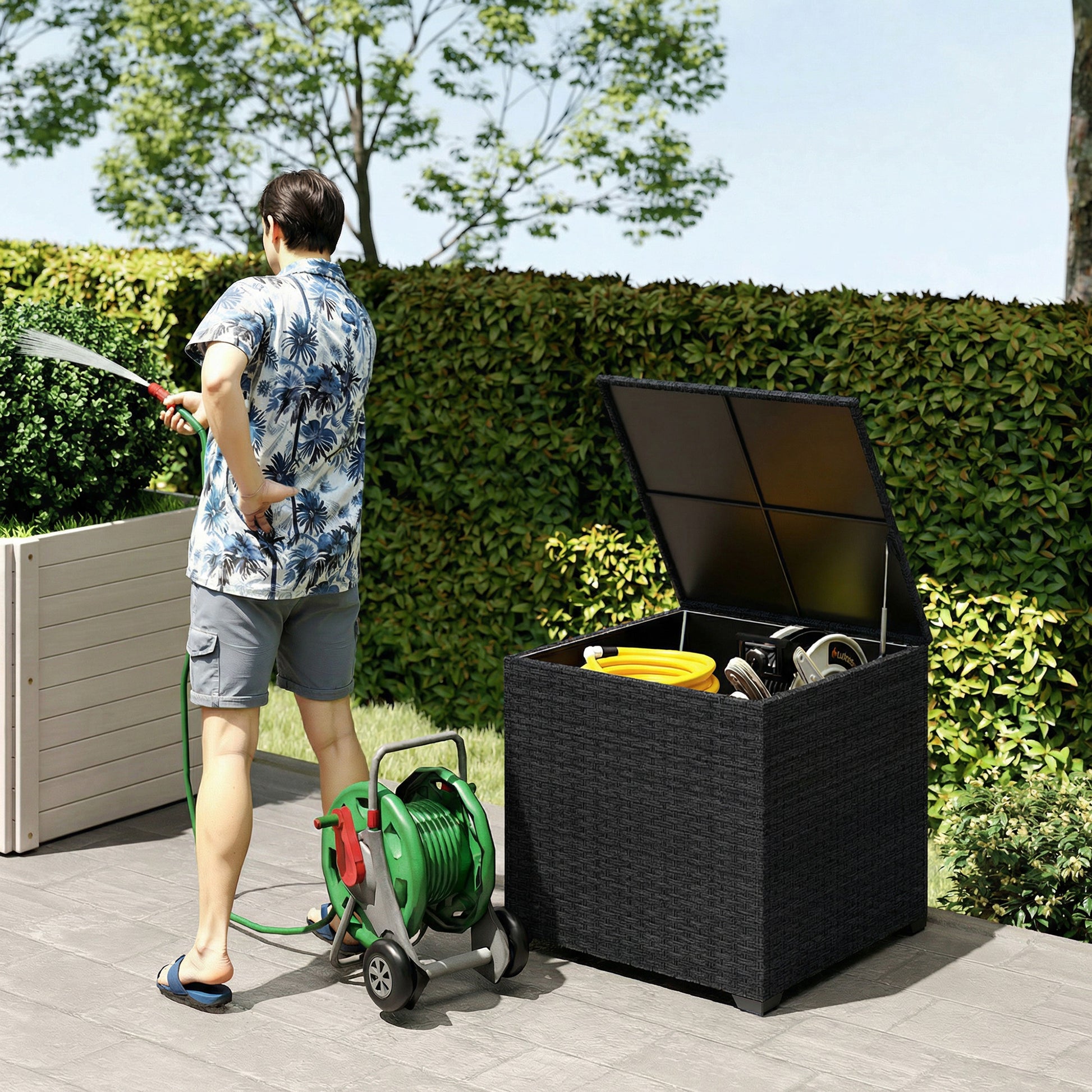 Outsunny Baúl de Almacenaje Exterior de Ratán Sintético de 253L, Arcón Exterior con Varilla Hidráulica, Forro con Cremallera y Marco de Acero, Carga 50 kg, para Jardín, Terraza, 72x72x70 cm, Negro