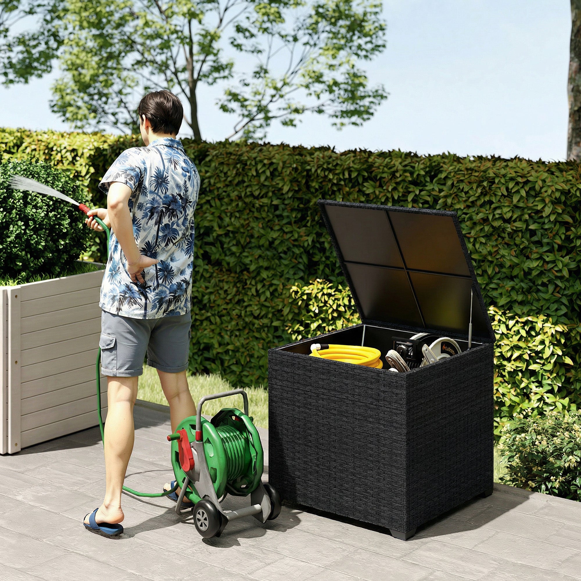 Outsunny Baúl de Almacenaje Exterior de Ratán Sintético de 253L, Arcón Exterior con Varilla Hidráulica, Forro con Cremallera y Marco de Acero, Carga 50 kg, para Jardín, Terraza, 72x72x70 cm, Negro