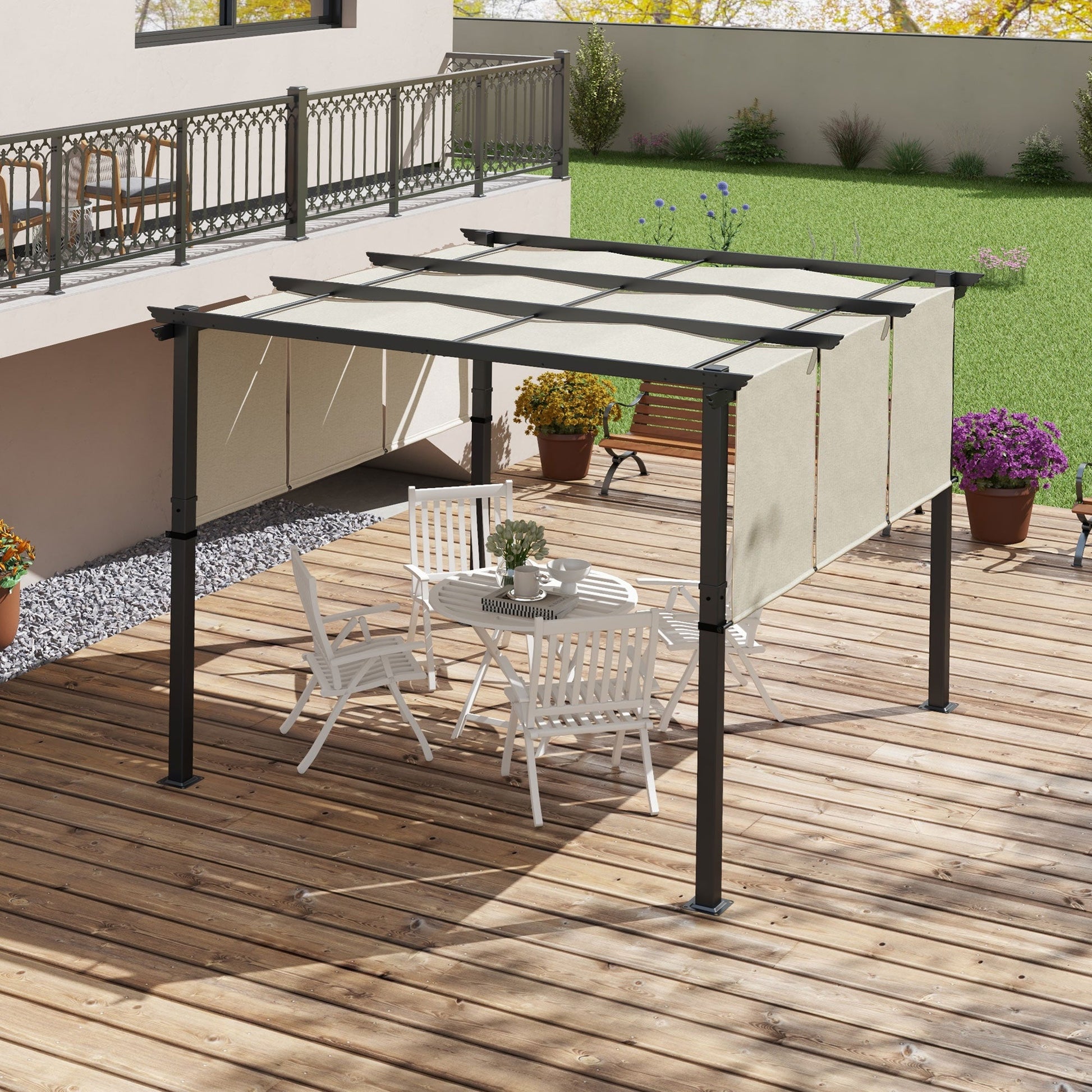 Outsunny Pérgola de Jardín 3x3 m Cenador para Exterior con Techo Retráctil Marco de Acero Impermeable y Anti-UV para Terraza Patio Beige