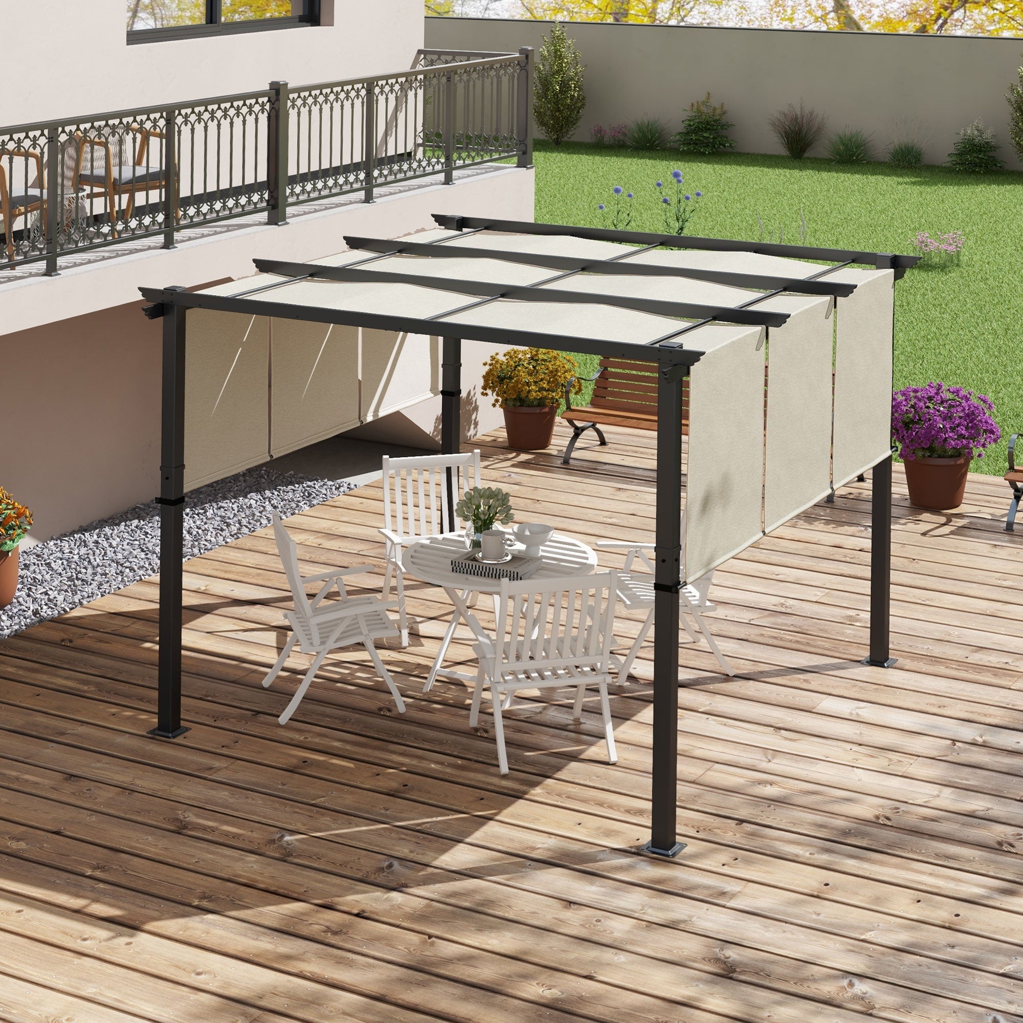 Outsunny Pérgola de Jardín 3x3 m Cenador para Exterior con Techo Retráctil Marco de Acero Impermeable y Anti-UV para Terraza Patio Beige