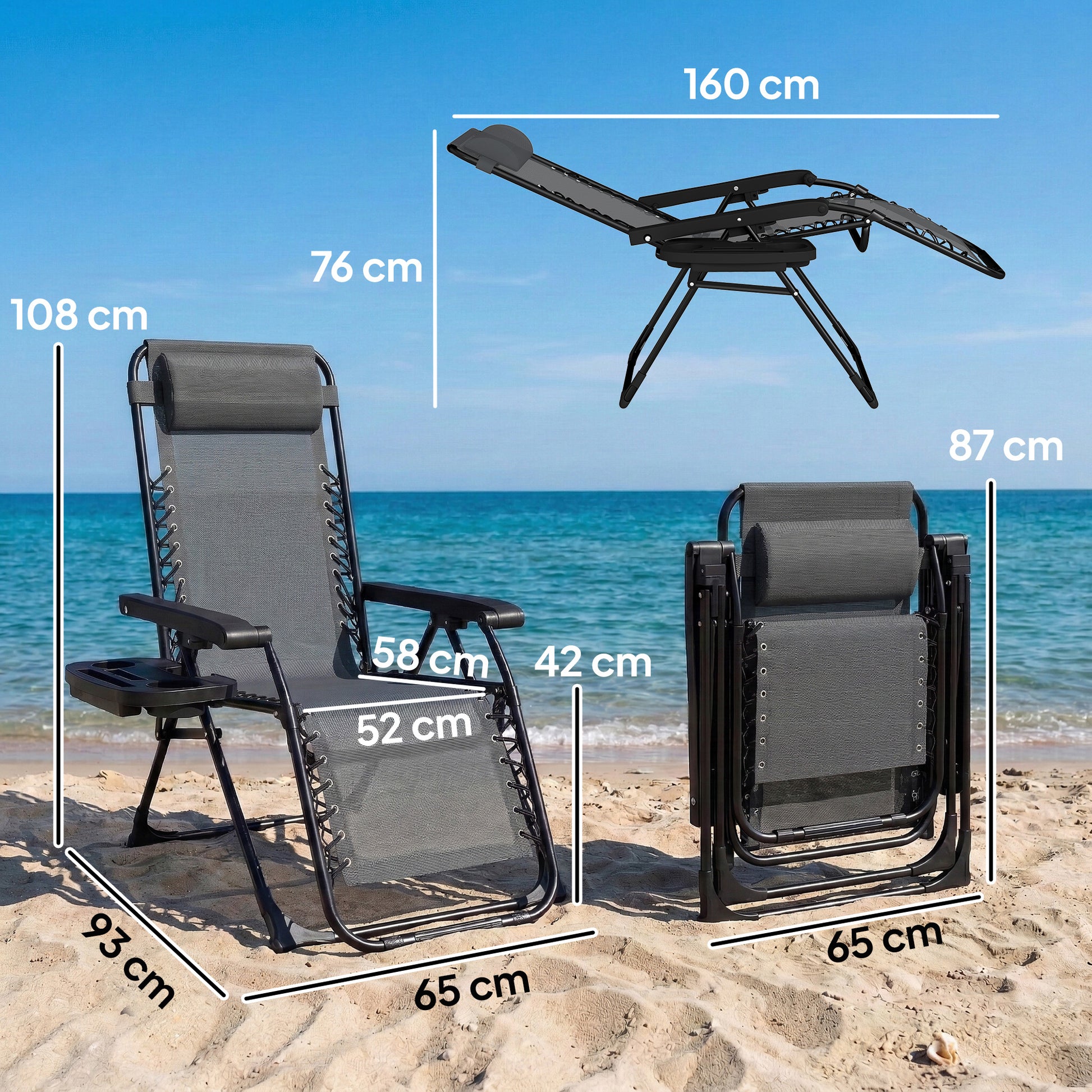 Outsunny Silla de Gravedad Cero, Tumbona Plegable de Jardín Exterior, Tumbona Reclinable Ajustable con Reposabrazos, Reposacabezas, Cojín, Portavasos y Almohada, para Patio, Playa, Terraza, Gris Claro