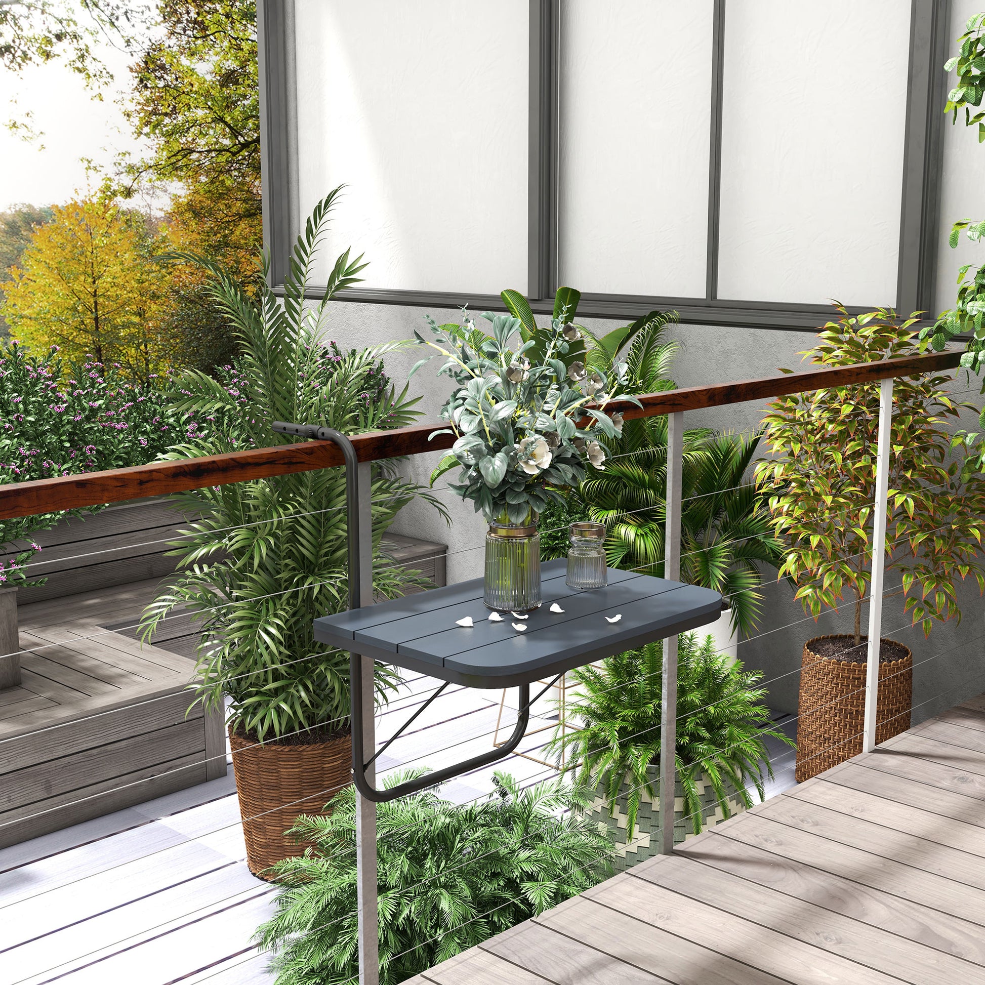 Outsunny Mesa Colgante de Balcón, Mesa Plegable para Balcón de Aluminio para Barandilla, con Altura Ajustable en 4 Niveles, Adaptable a 4 Anchos, Carga 25 kg, para Jardín, 60x40x55-64 cm, Negro