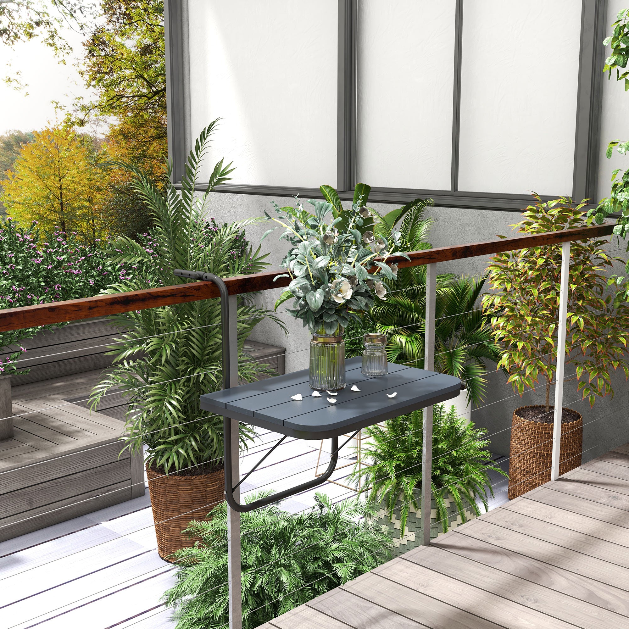 Outsunny Mesa Colgante de Balcón, Mesa Plegable para Balcón de Aluminio para Barandilla, con Altura Ajustable en 4 Niveles, Adaptable a 4 Anchos, Carga 25 kg, para Jardín, 60x40x55-64 cm, Negro