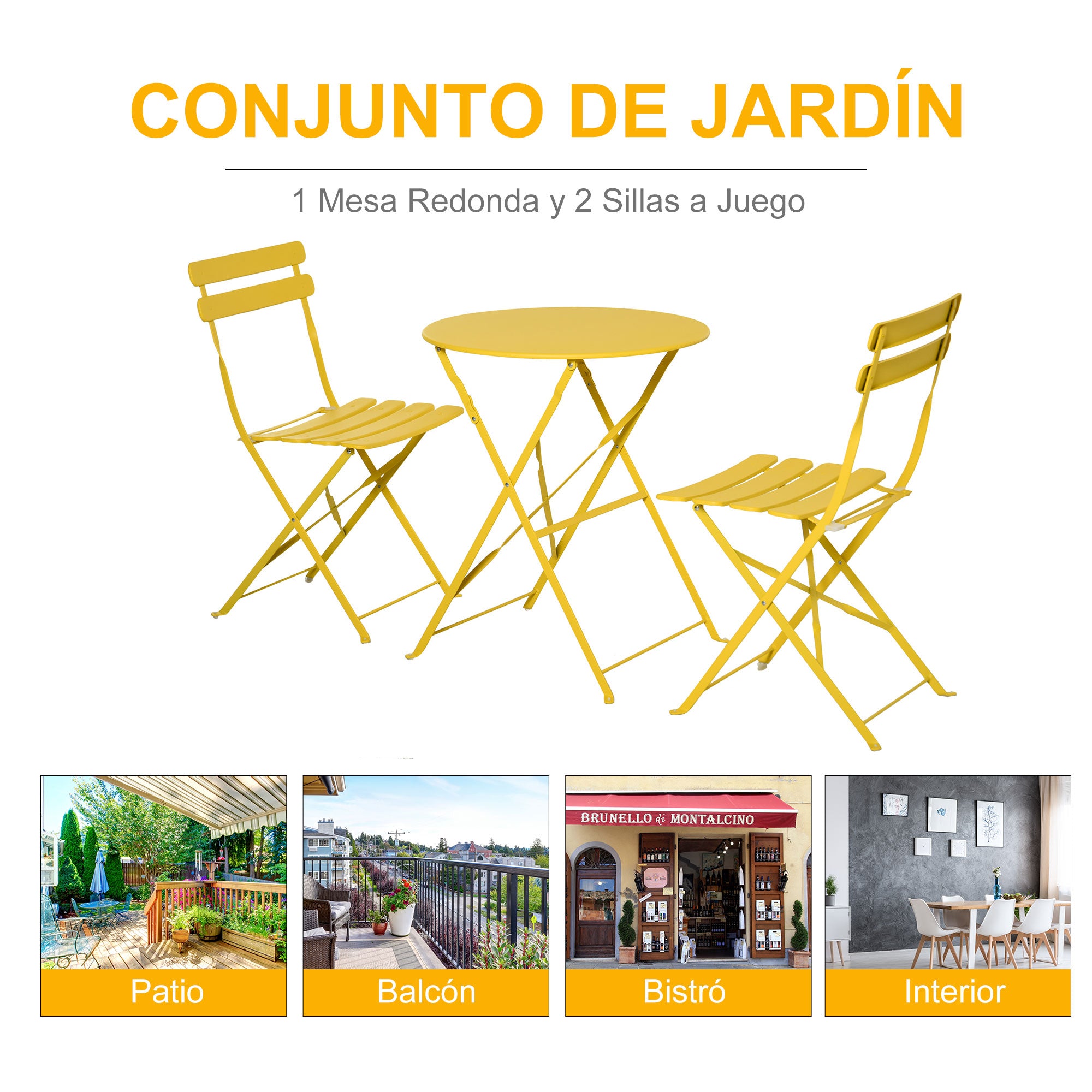 Outsunny Conjunto Muebles Plegables de Jardín de 3 piezas Mesa y 2 Sillas de Metal para Balcón Terraza Exteriores Ø60x71 cm Amarillo