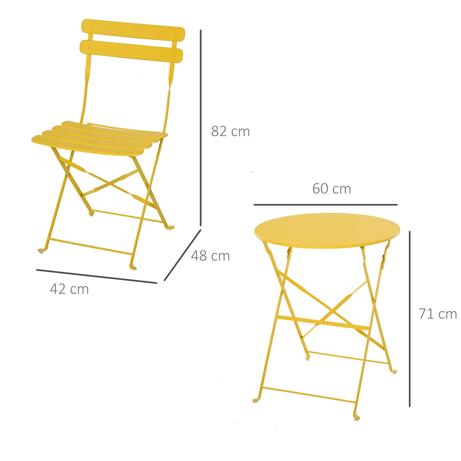 Outsunny Conjunto Muebles Plegables de Jardín de 3 piezas Mesa y 2 Sillas de Metal para Balcón Terraza Exteriores Ø60x71 cm Amarillo