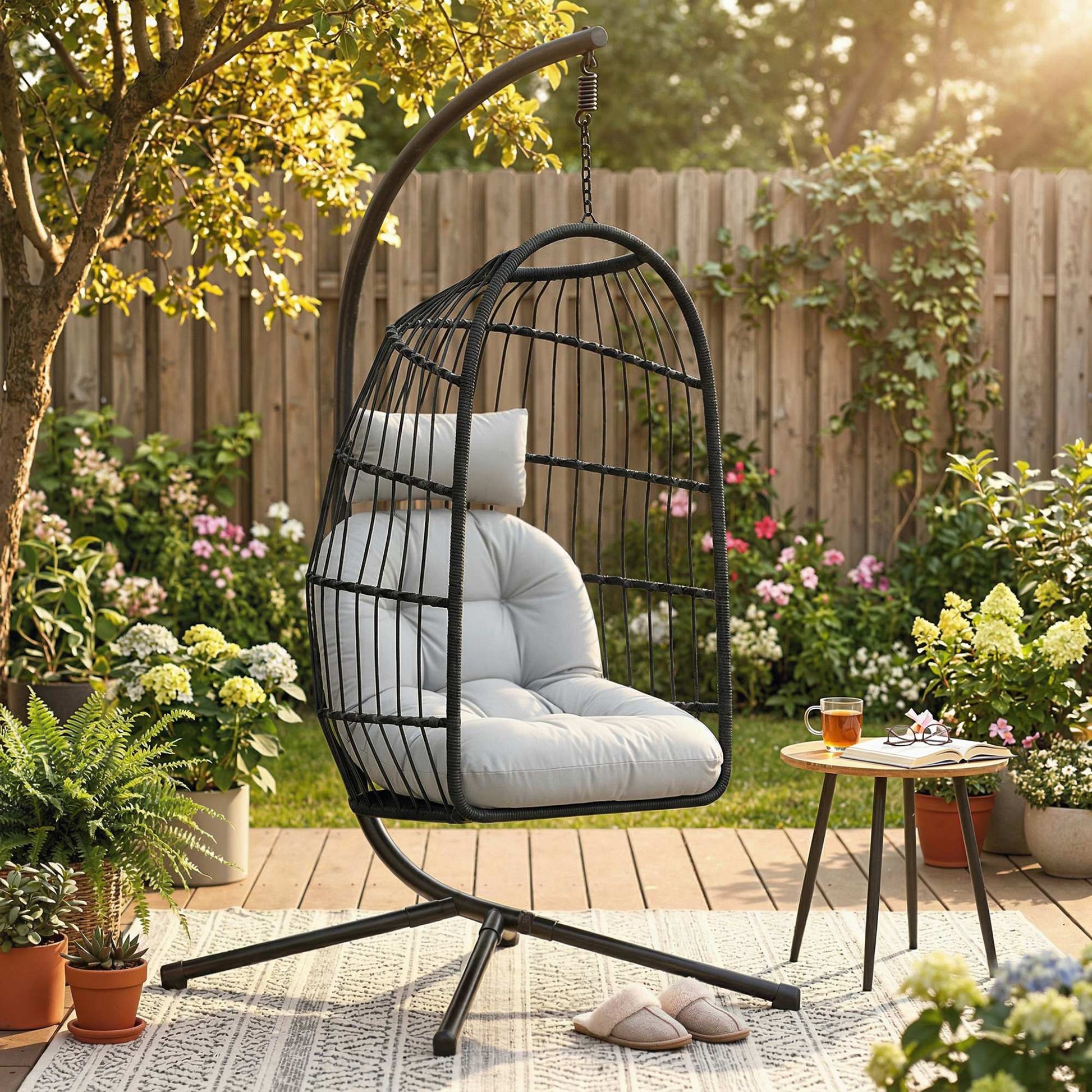 Outsunny Silla Colgante Huevo con Soporte, Columpio Jardín Exterior con Cesta Plegable de Ratán, Cojín Grueso, Reposacabezas, Altura Ajustable, Estructura Metálica para Interior y Exterior, Gris Claro