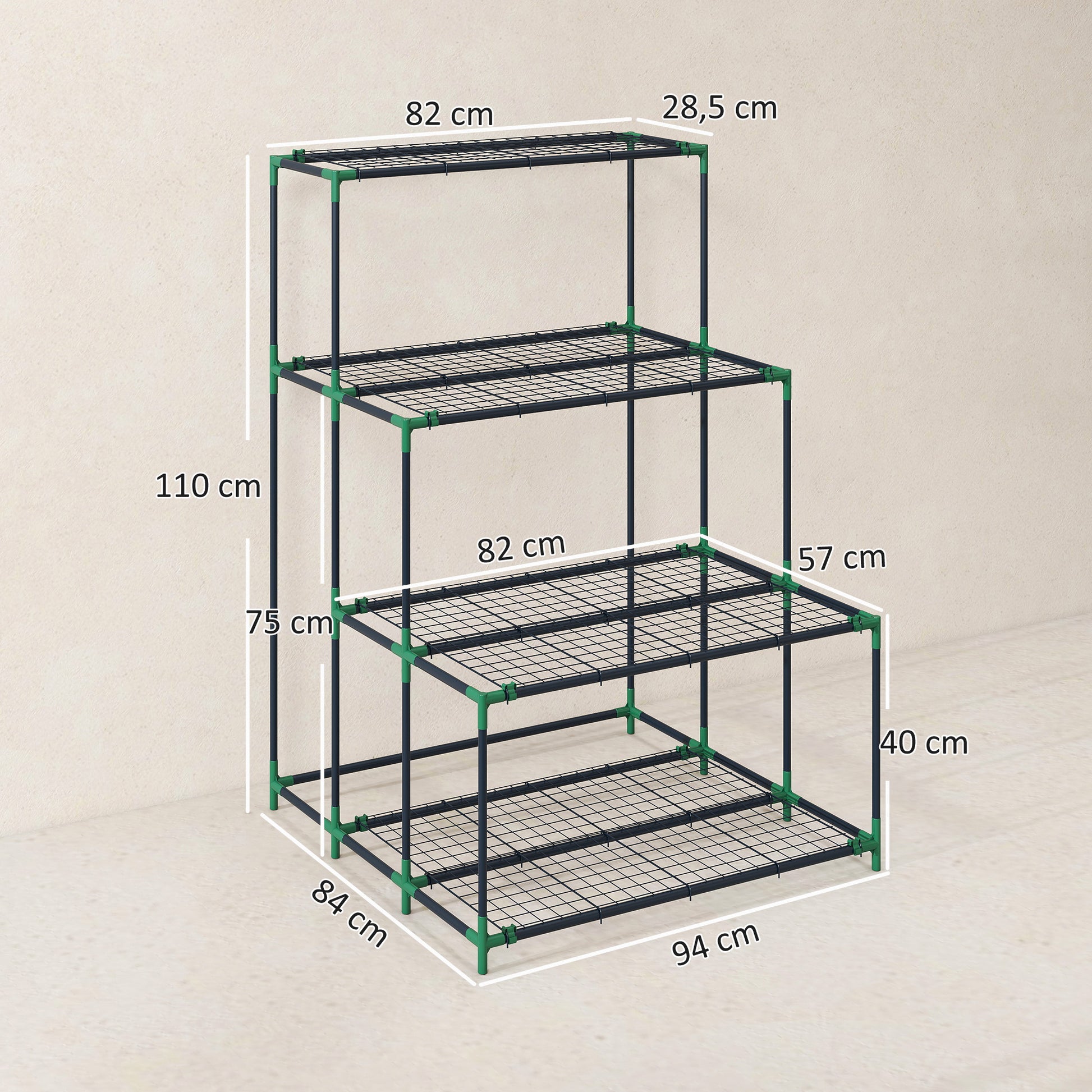 Outsunny Soporte para Plantas de 4 Niveles, Estantería para Plantas de Acero, Diseño en Escalera, Soporte para Macetas para Interior y Exterior, Jardín, Balcón y Patio, 94x84x110 cm, Verde Oscuro