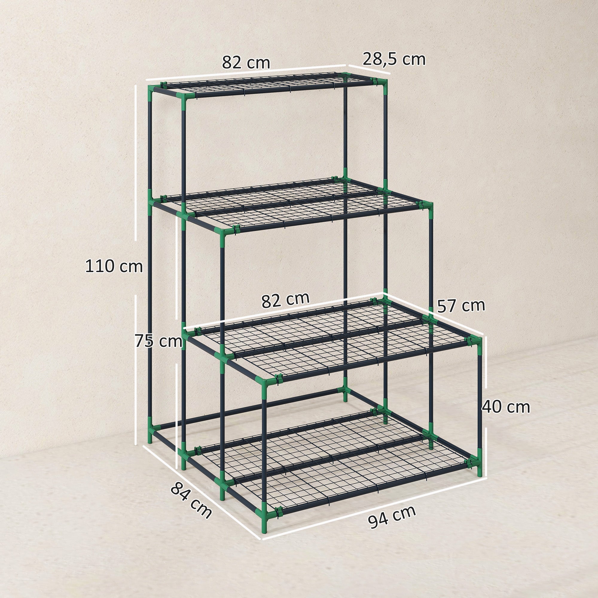 Outsunny Soporte para Plantas de 4 Niveles, Estantería para Plantas de Acero, Diseño en Escalera, Soporte para Macetas para Interior y Exterior, Jardín, Balcón y Patio, 94x84x110 cm, Verde Oscuro
