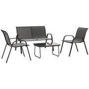 Outsunny Conjunto de Jardín Exterior 4 Piezas Muebles Jardín Exterior con 2 Sillones Apilables 1 Sofá de 2 Plazas y Mesa de Centro con Tablero de Vidrio Templado Negro