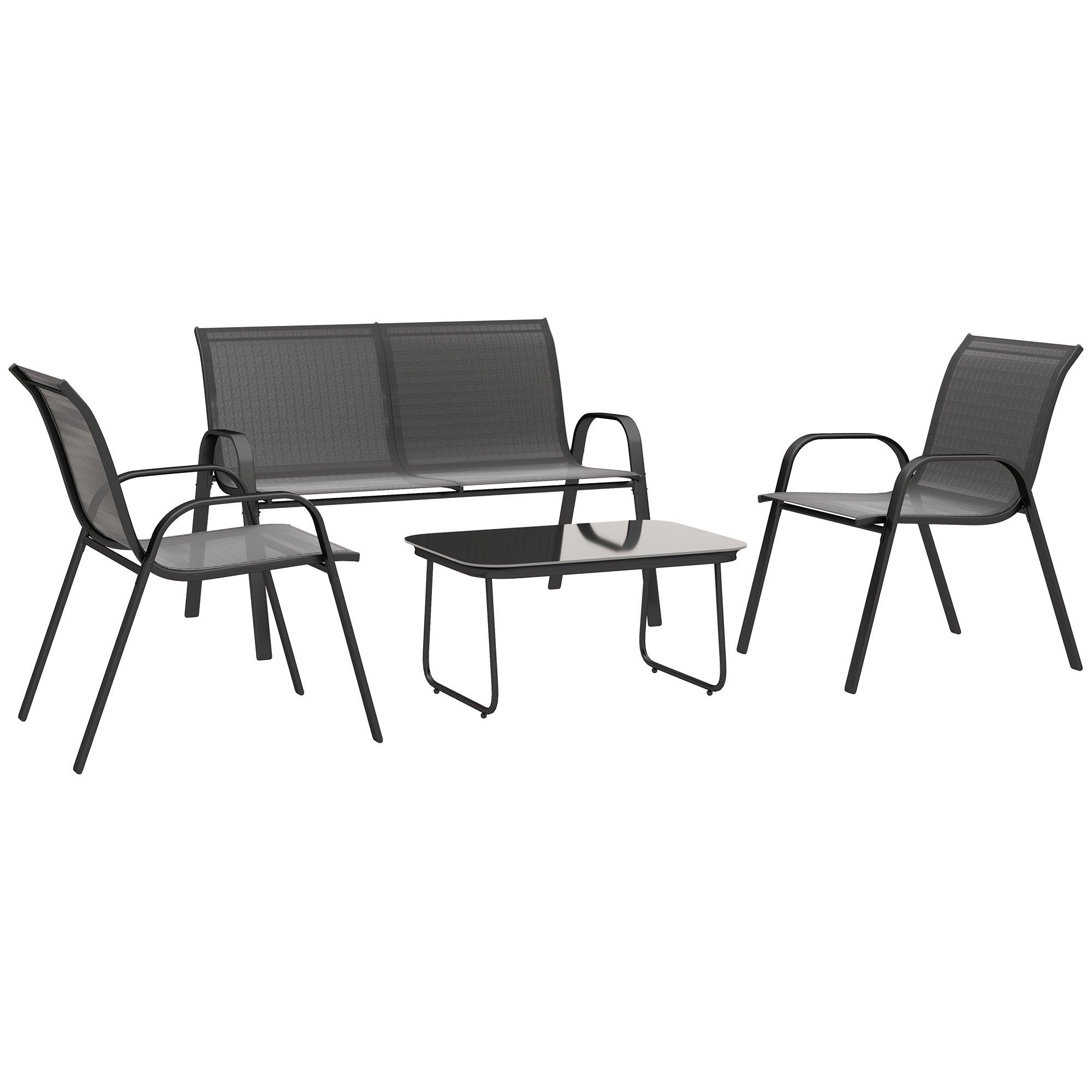 Outsunny Conjunto de Jardín Exterior 4 Piezas Muebles Jardín Exterior con 2 Sillones Apilables 1 Sofá de 2 Plazas y Mesa de Centro con Tablero de Vidrio Templado Negro