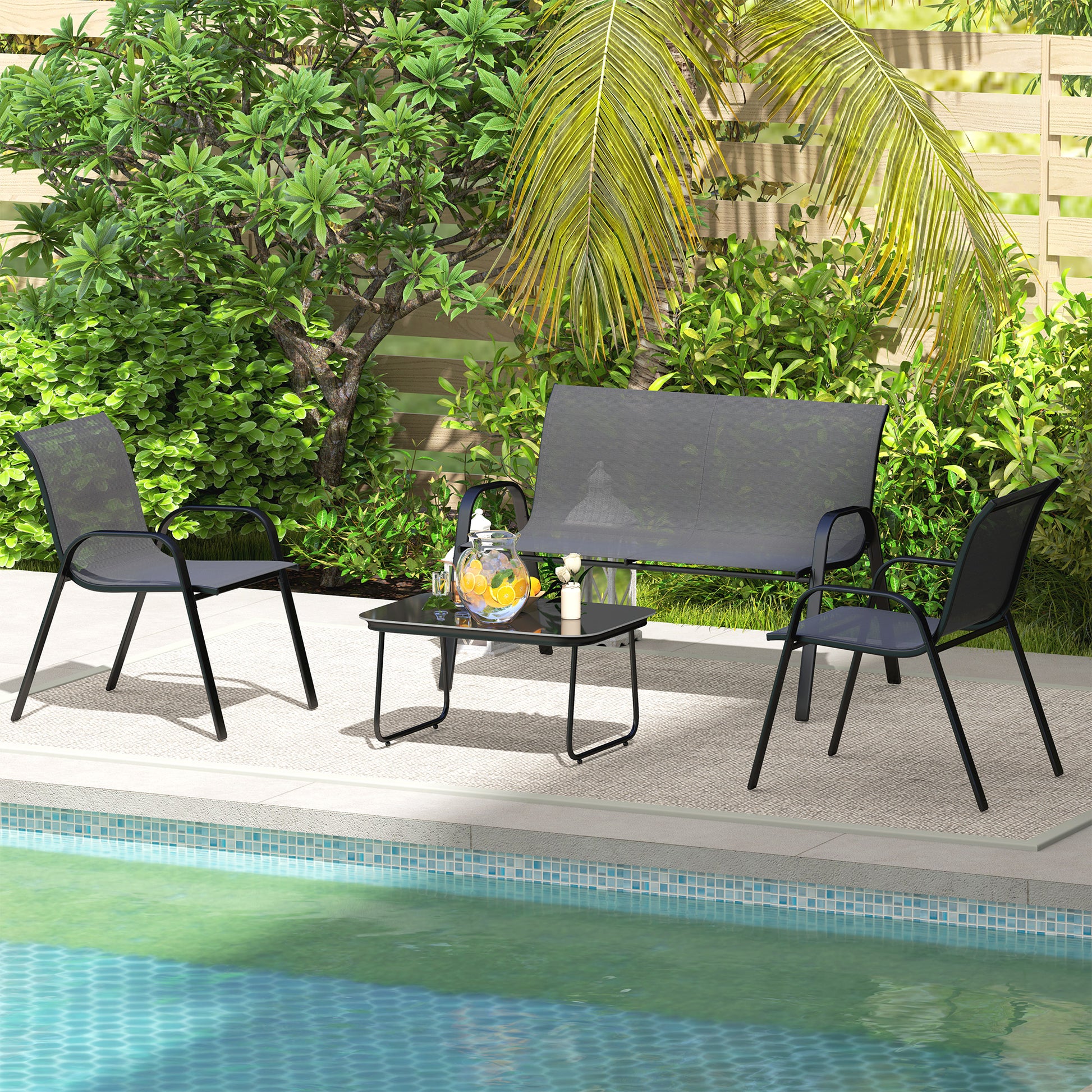 Outsunny Conjunto de Jardín Exterior 4 Piezas Muebles Jardín Exterior con 2 Sillones Apilables 1 Sofá de 2 Plazas y Mesa de Centro con Tablero de Vidrio Templado Negro