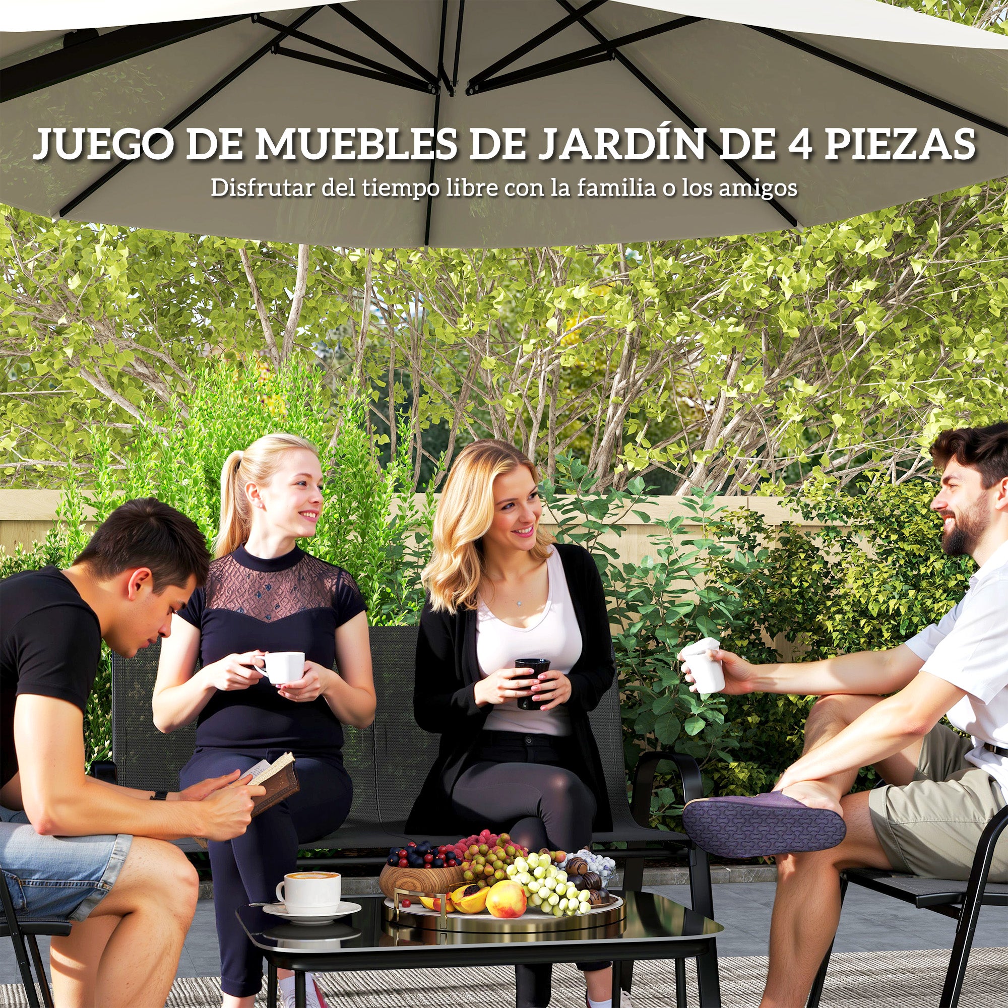 Outsunny Conjunto de Jardín Exterior 4 Piezas Muebles Jardín Exterior con 2 Sillones Apilables 1 Sofá de 2 Plazas y Mesa de Centro con Tablero de Vidrio Templado Negro