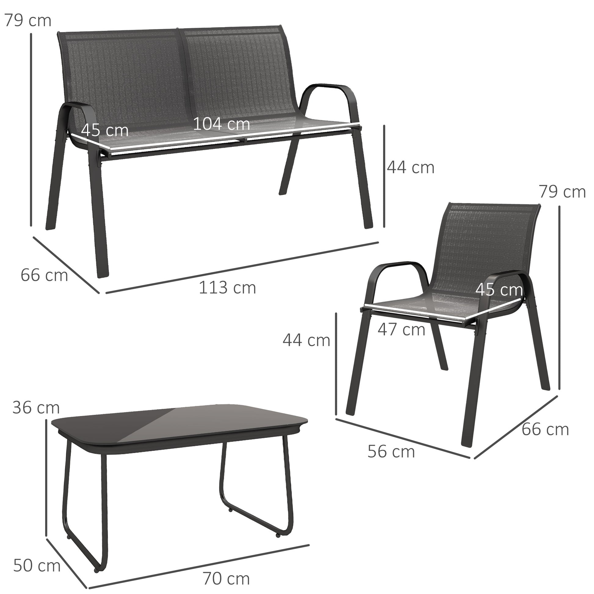 Outsunny Conjunto de Jardín Exterior 4 Piezas Muebles Jardín Exterior con 2 Sillones Apilables 1 Sofá de 2 Plazas y Mesa de Centro con Tablero de Vidrio Templado Negro