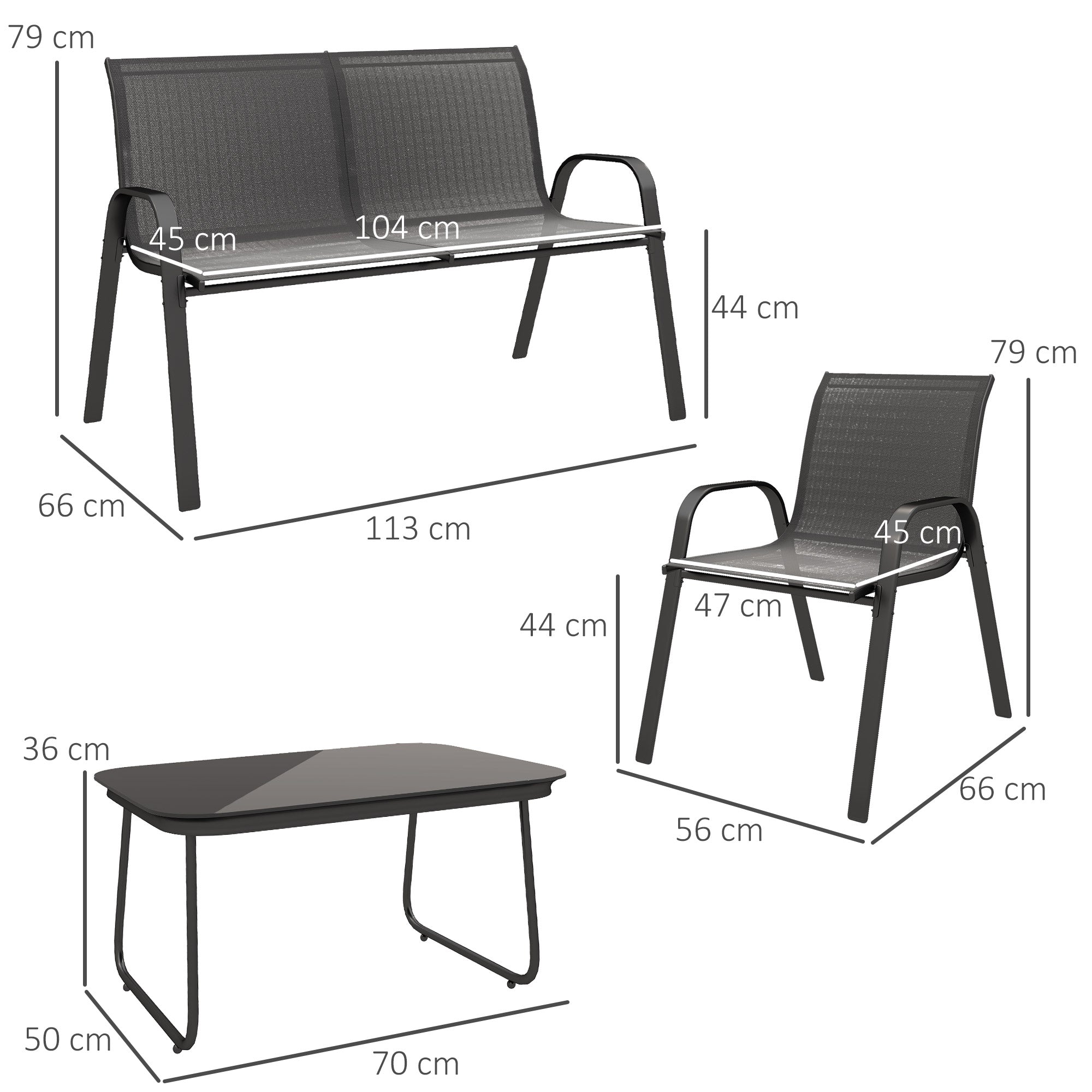 Outsunny Conjunto de Jardín Exterior 4 Piezas Muebles Jardín Exterior con 2 Sillones Apilables 1 Sofá de 2 Plazas y Mesa de Centro con Tablero de Vidrio Templado Negro