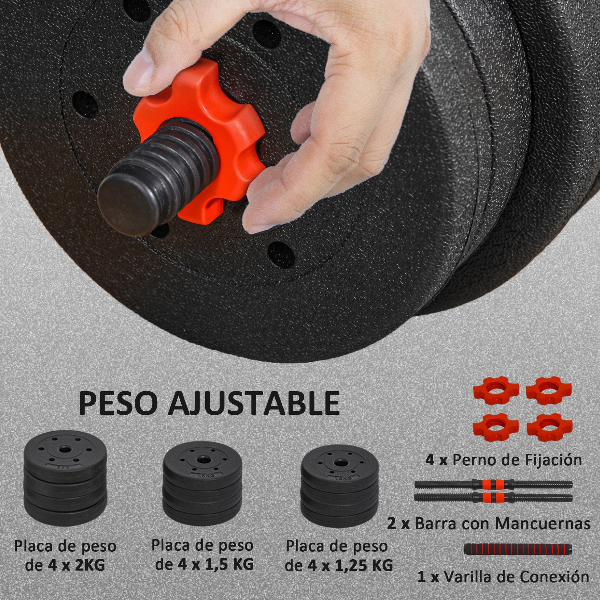 HOMCOM Juego de Mancuernas Ajustables, 2 en 1, 20kg, Juego de Pesas con Barra de Conexión y Mango Antideslizante, Pesas y Mancuernas para Hombres y Mujeres, Ejercicio de Fitness, Casa Gimnasio