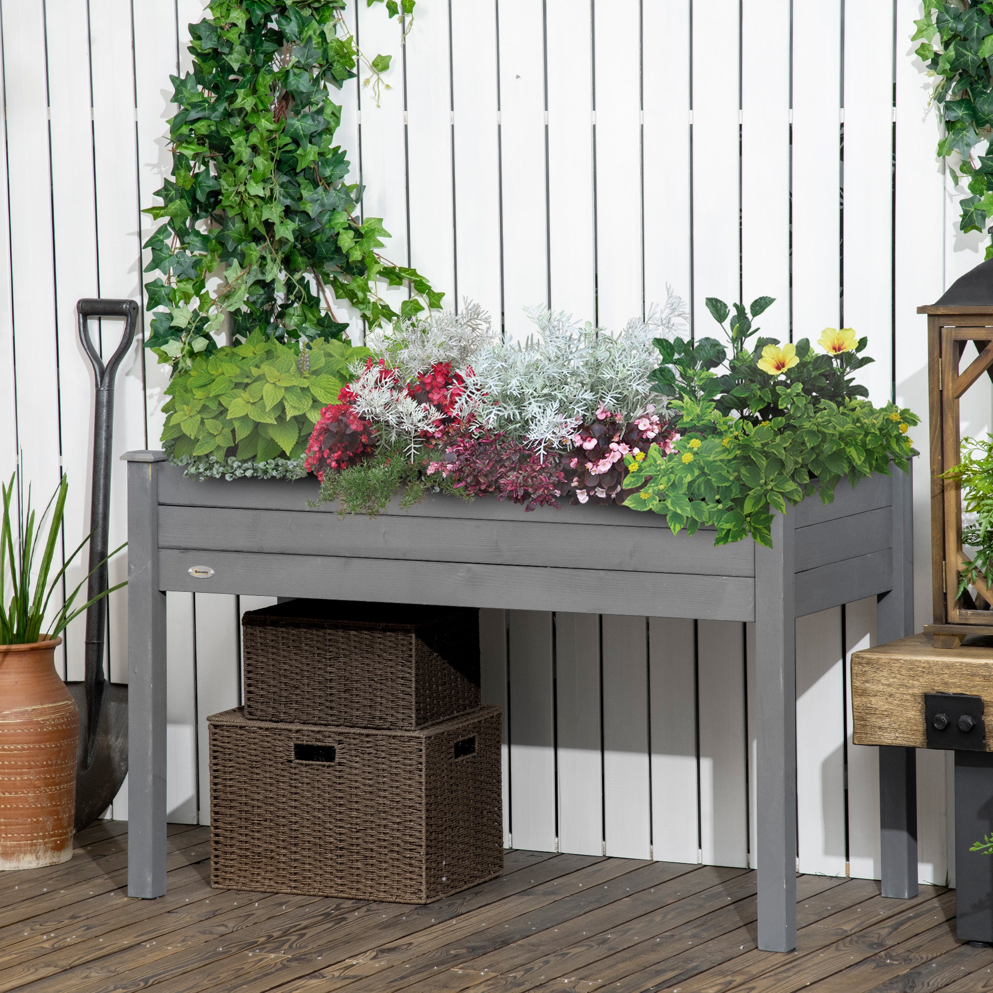 Outsunny Huerto Urbano Elevado de Madera, Mesa de Cultivo con Tela no Tejida y 4 Orificios de Drenaje, para Cultivo, Plantas, Flores y Verduras, 122,5x56,5x76 cm, Gris Oscuro
