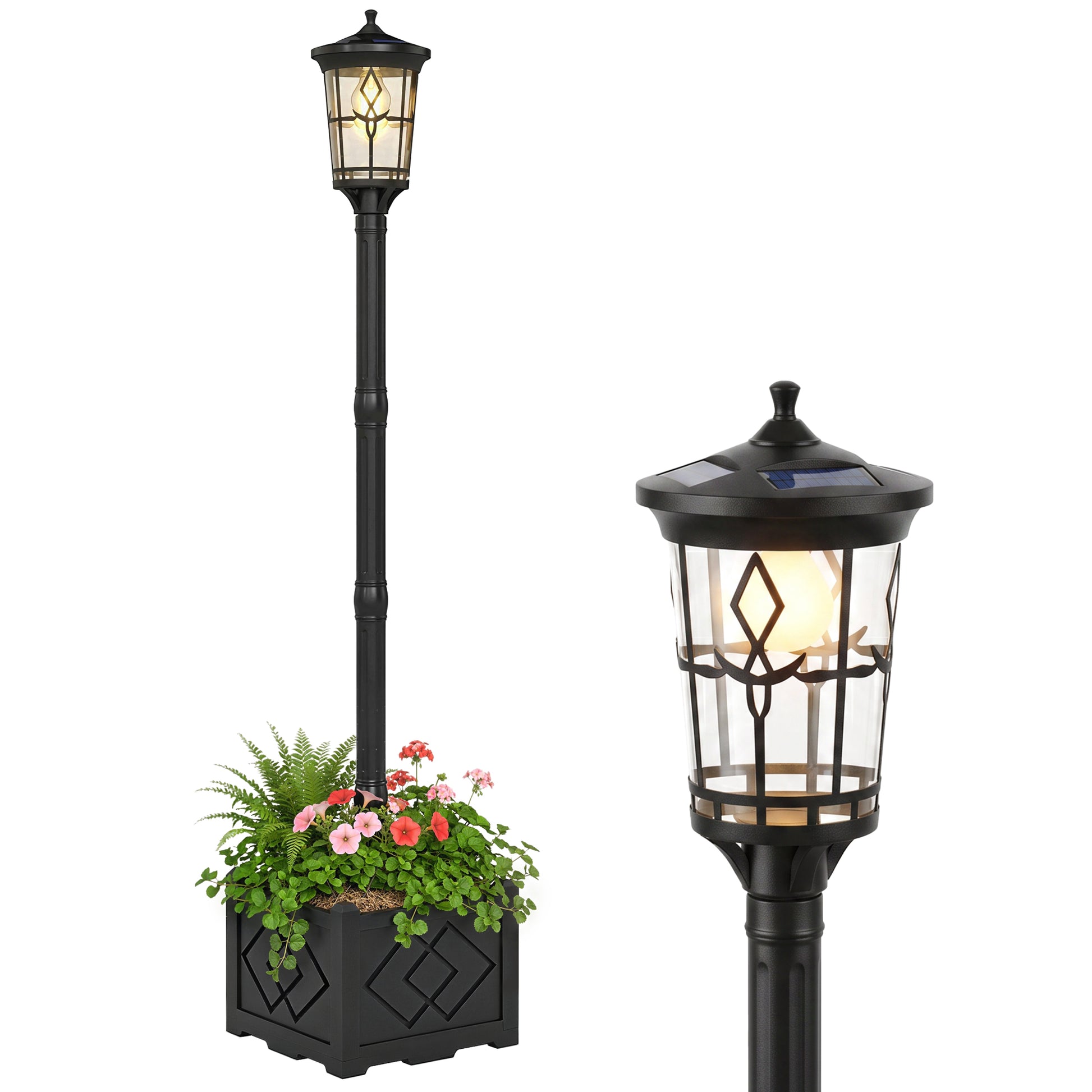 Outsunny Farola Solar Exterior de Jardín con Macetero, Luz Solar de Exterior LED, 2 Modos de Brillo 100/50 lm, Impermeable IP44, Encendido/Apagado Automático, para Terraza, Patio, 41,5x41,5x202,5 cm