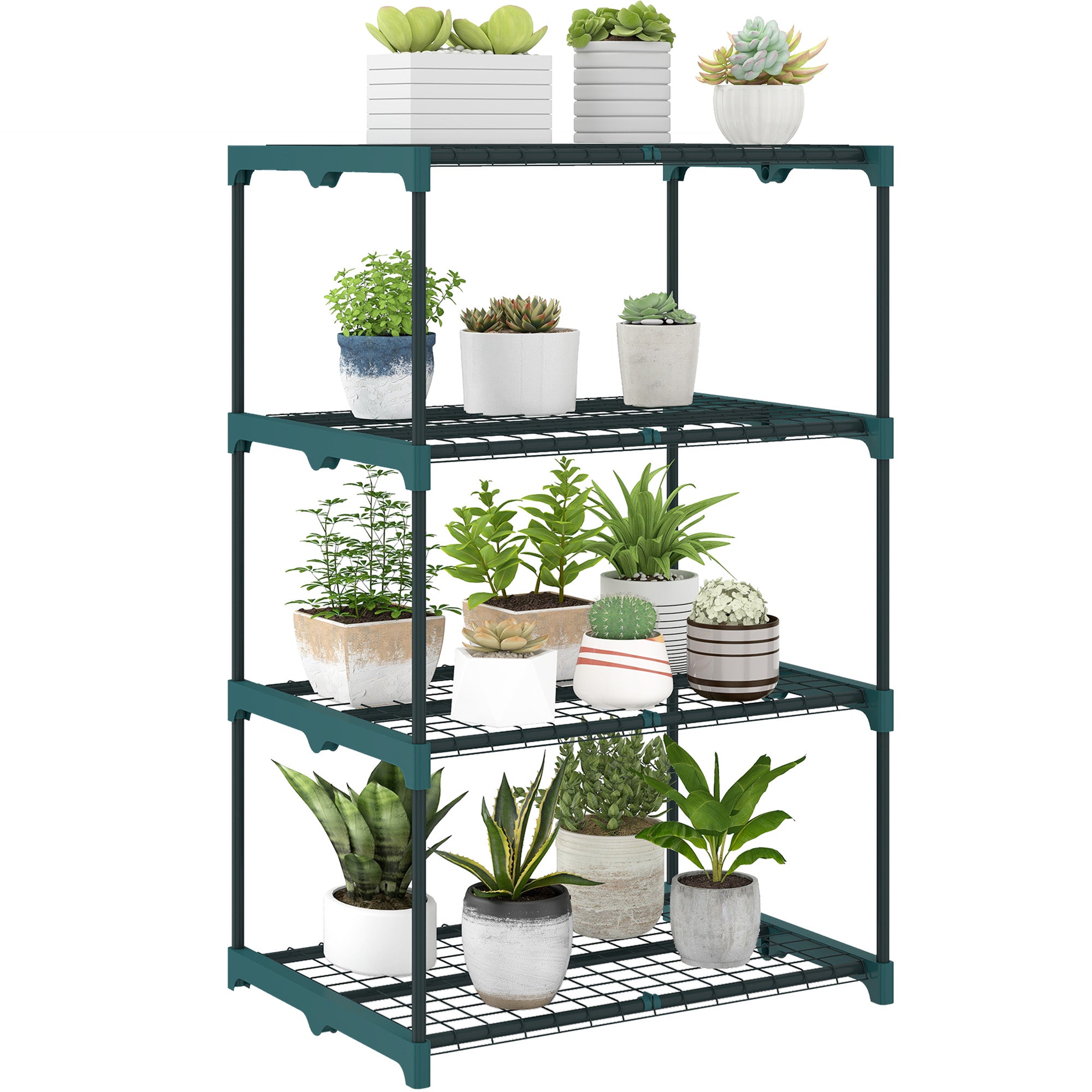 Outsunny Soporte para Plantas de 4 Niveles, Estantería para Plantas de Acero, Estantes de Rejilla, Soporte para Macetas, Interior y Exterior, 67x49x105 cm, Verde Oscuro