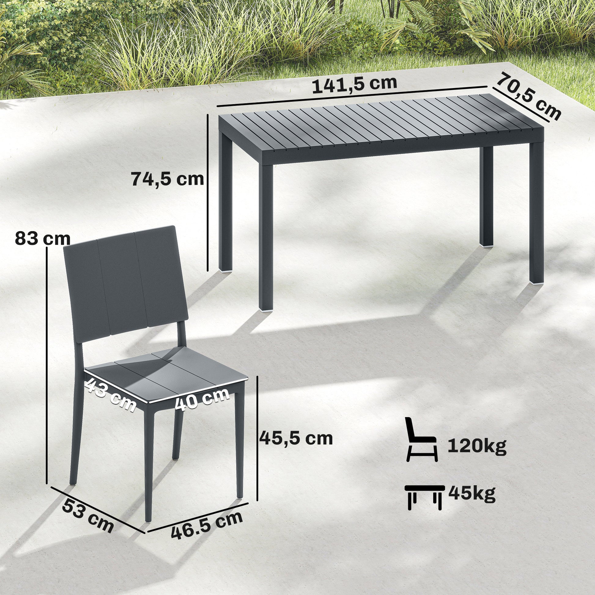 Outsunny Conjunto de Mesa y Sillas Jardín de 5 Piezas, Muebles Jardín Exterior con Mesa de Tablero Ranurado, 4 Sillas Apilables, Marco Metálico para 4 Personas, para Patio, Terraza, Gris Oscuro