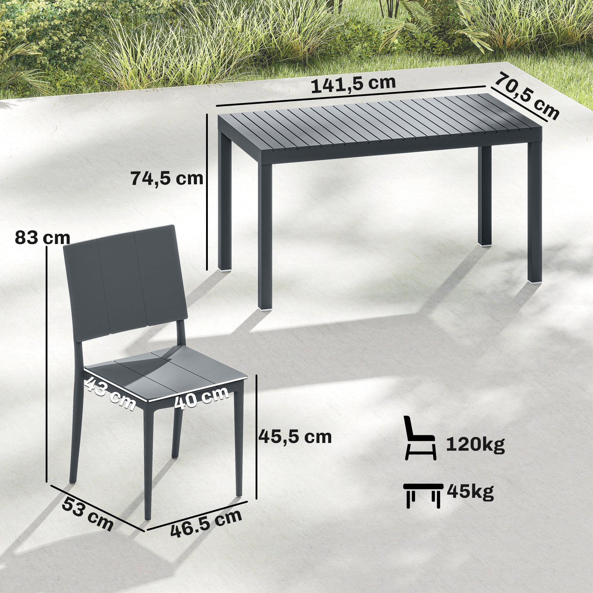 Outsunny Conjunto de Mesa y Sillas Jardín de 5 Piezas, Muebles Jardín Exterior con Mesa de Tablero Ranurado, 4 Sillas Apilables, Marco Metálico para 4 Personas, para Patio, Terraza, Gris Oscuro