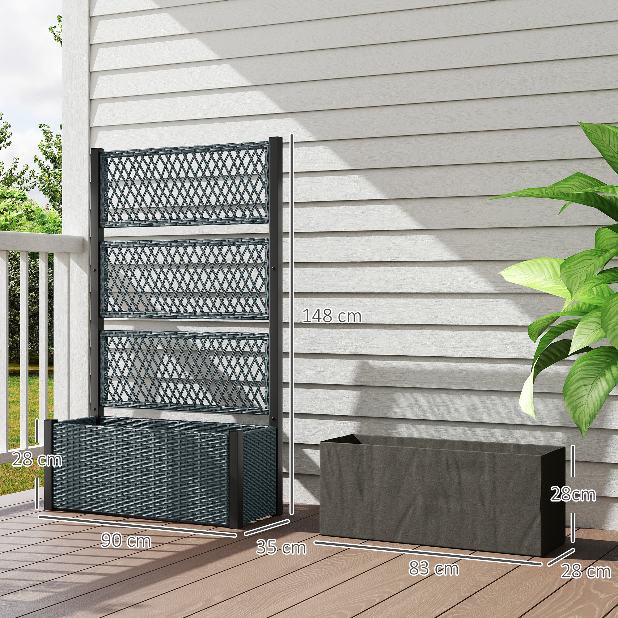 Outsunny Jardinera con Enrejado de Ratán, Jardinera Exterior Grande para Plantas Trepadoras, Maceta con Forro, para Jardín, Patio, Terraza, 90x35x148 cm, Gris Oscuro