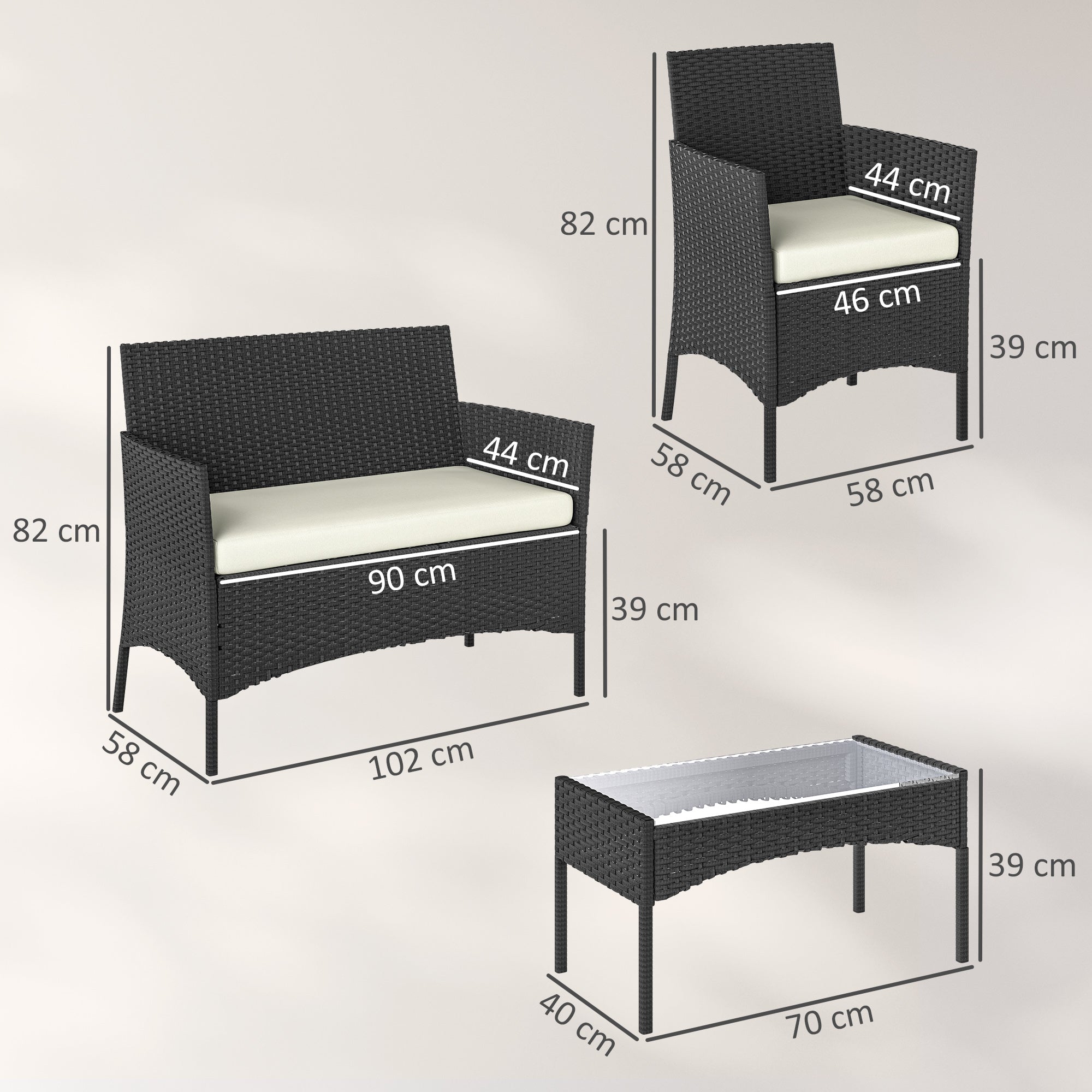 Outsunny Conjunto Jardín Exterior de Ratán con Cojines Conjunto Terraza Resistente a la Intemperie Muebles Jardín Exterior con 2 Sillones Sofá de 2 Plazas Mesa con Cristal Negro y Crema
