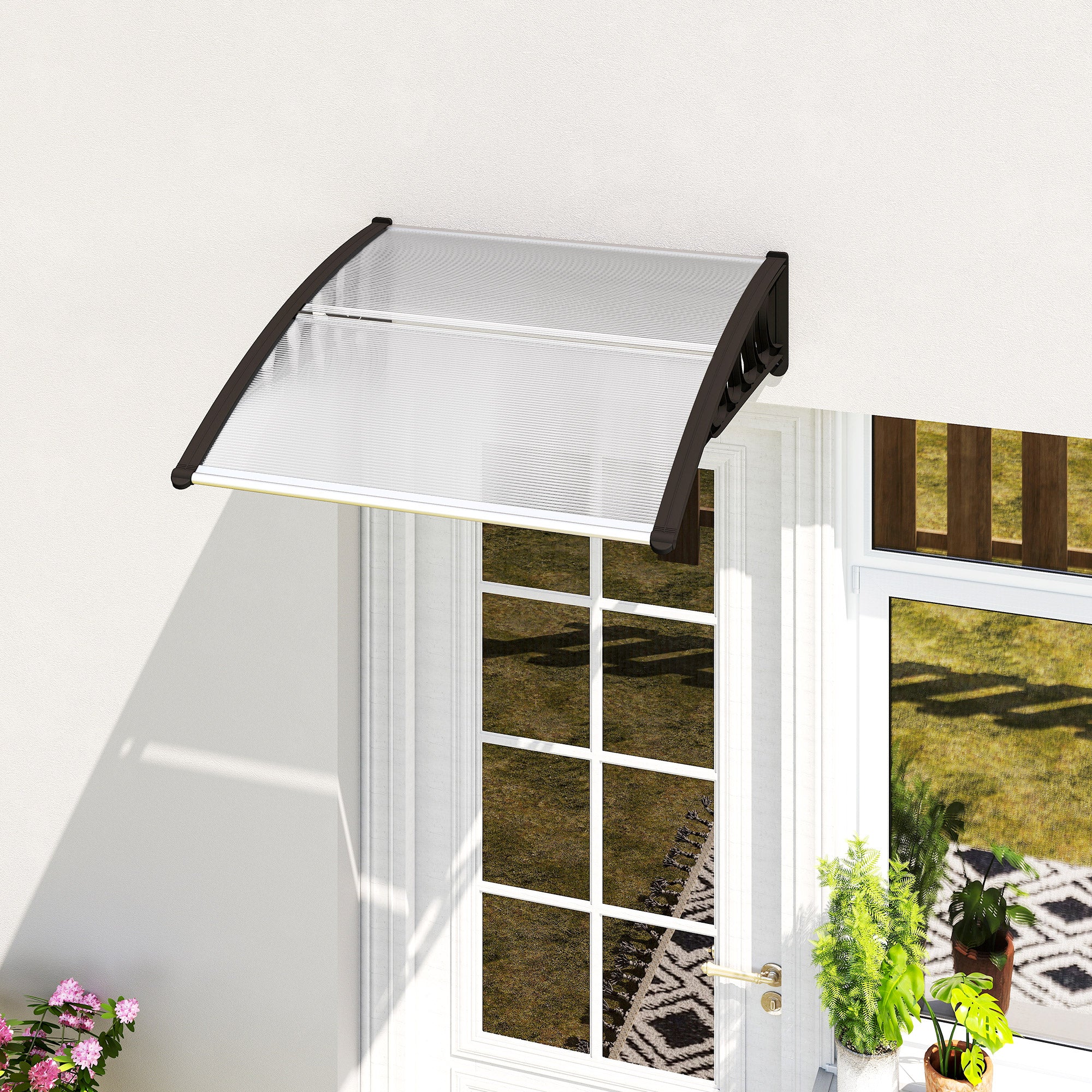 Outsunny Marquesinas Exterior para Puertas y Ventanas, 103x96,5 cm, Tejadillo de Protección contra Sol y Lluvia, con Cubierta de Policarbonato, Soportes de PP y Regleta de Aluminio, Transparente