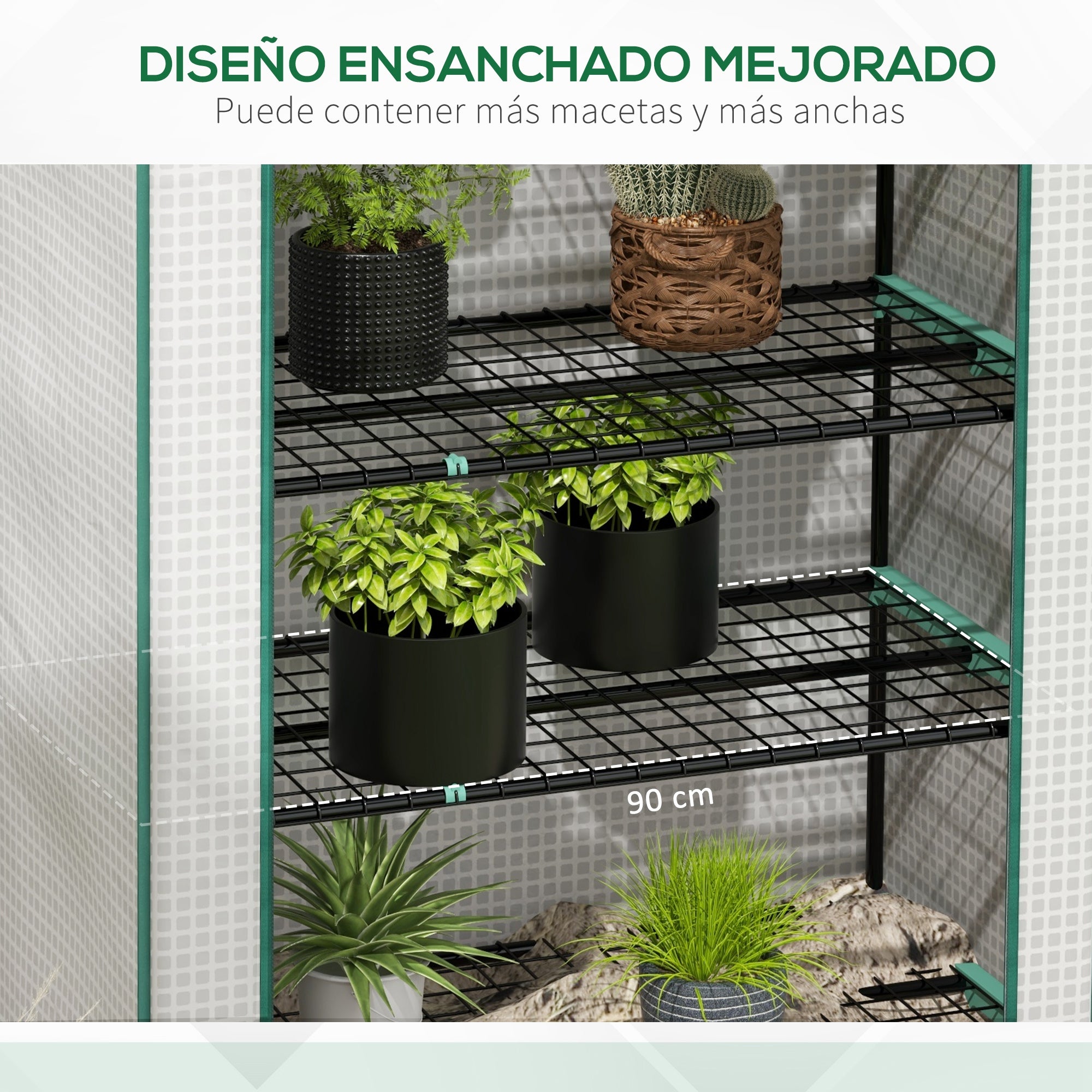 Outsunny Invernadero de Jardín de 5 Niveles Invernadero Pequeño Exterior con Puerta Enrollable con Cremallera Anti-UV Diseño Ensanchado y Estantes para Cultivo de Plantas Flores 90x49x193 cm Blanco