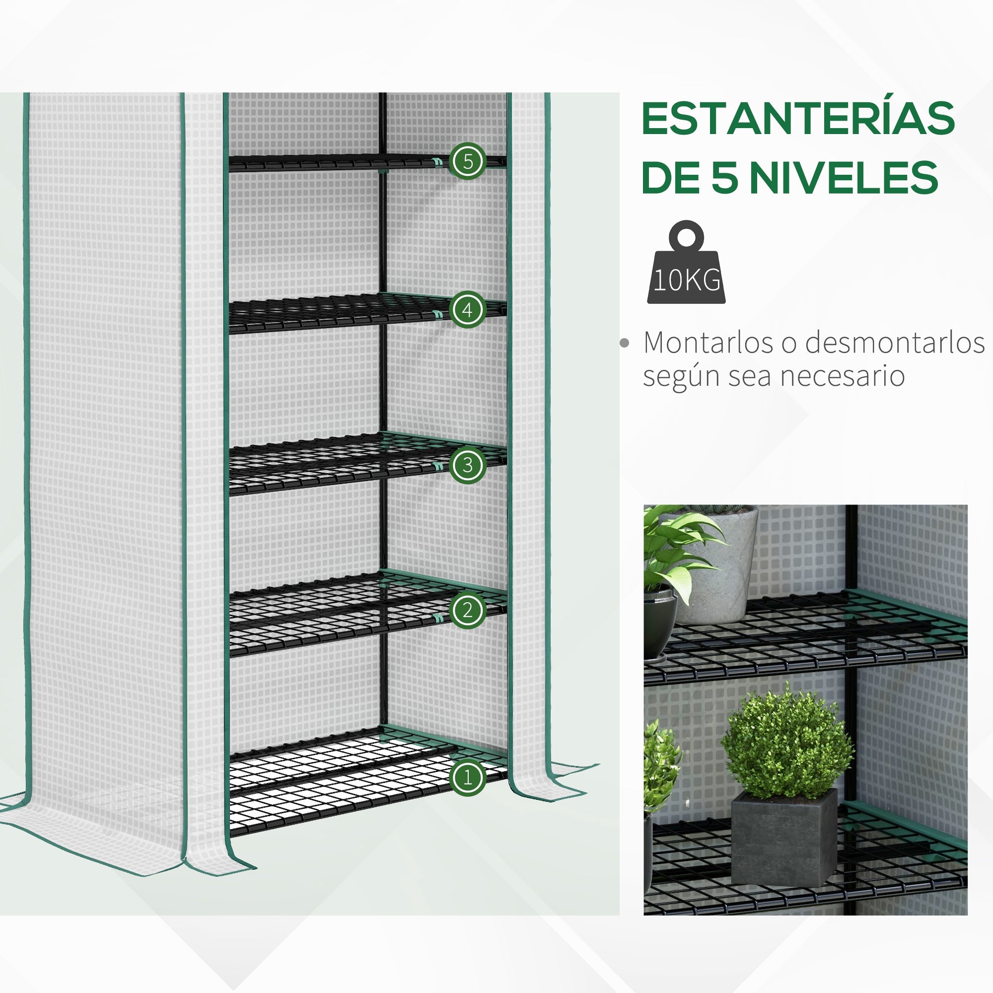 Outsunny Invernadero de Jardín de 5 Niveles Invernadero Pequeño Exterior con Puerta Enrollable con Cremallera Anti-UV Diseño Ensanchado y Estantes para Cultivo de Plantas Flores 90x49x193 cm Blanco