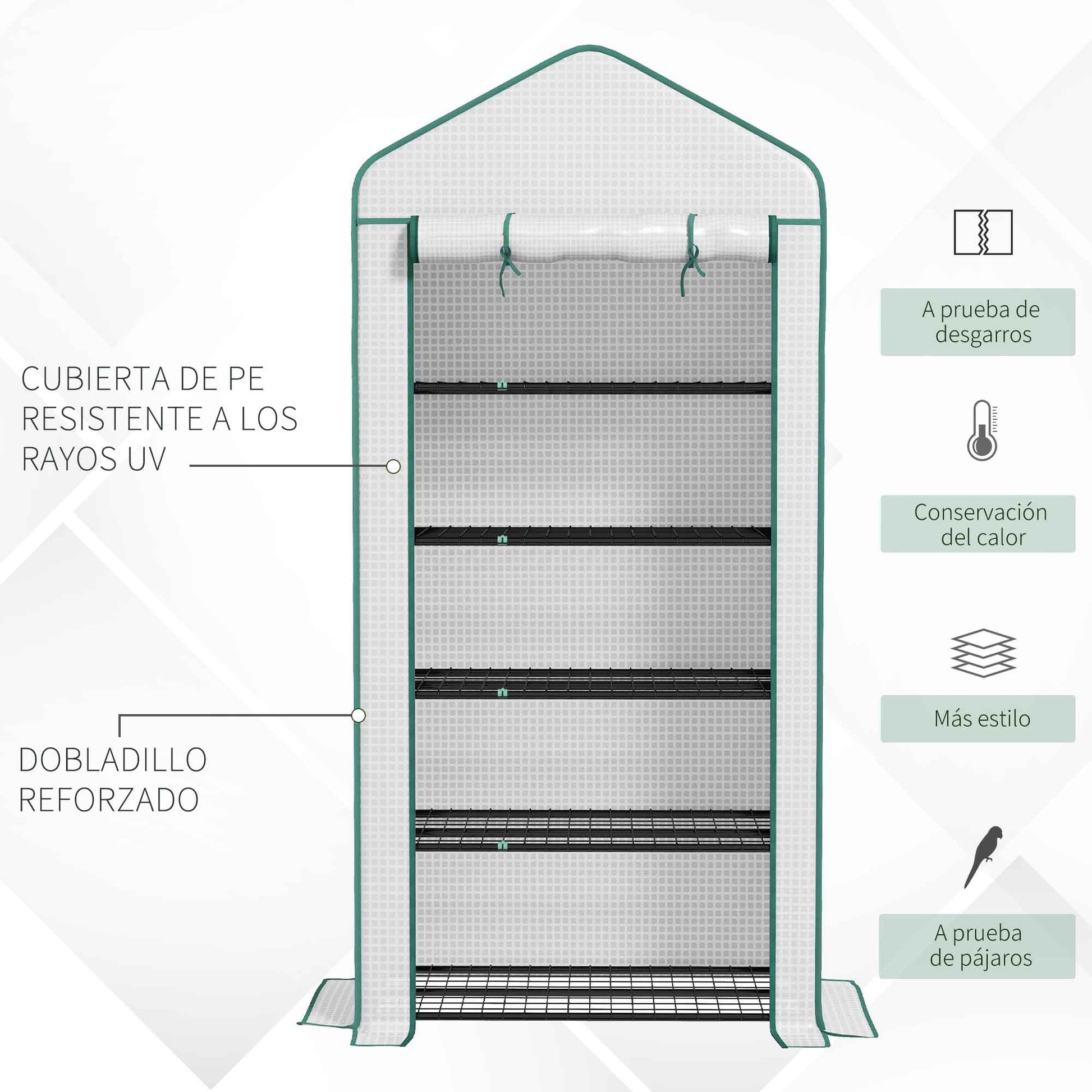 Outsunny Invernadero de Jardín de 5 Niveles Invernadero Pequeño Exterior con Puerta Enrollable con Cremallera Anti-UV Diseño Ensanchado y Estantes para Cultivo de Plantas Flores 90x49x193 cm Blanco