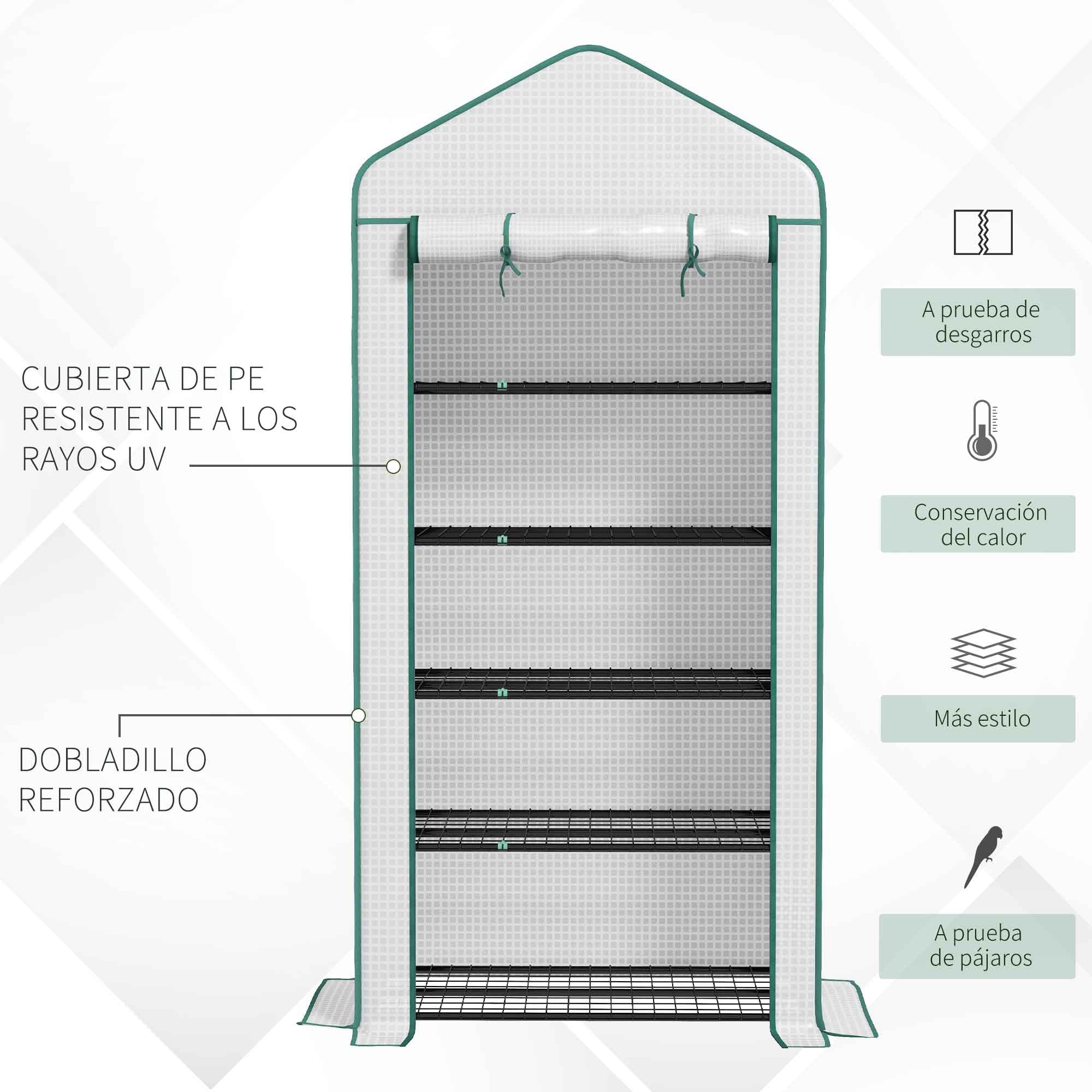 Outsunny Invernadero de Jardín de 5 Niveles Invernadero Pequeño Exterior con Puerta Enrollable con Cremallera Anti-UV Diseño Ensanchado y Estantes para Cultivo de Plantas Flores 90x49x193 cm Blanco