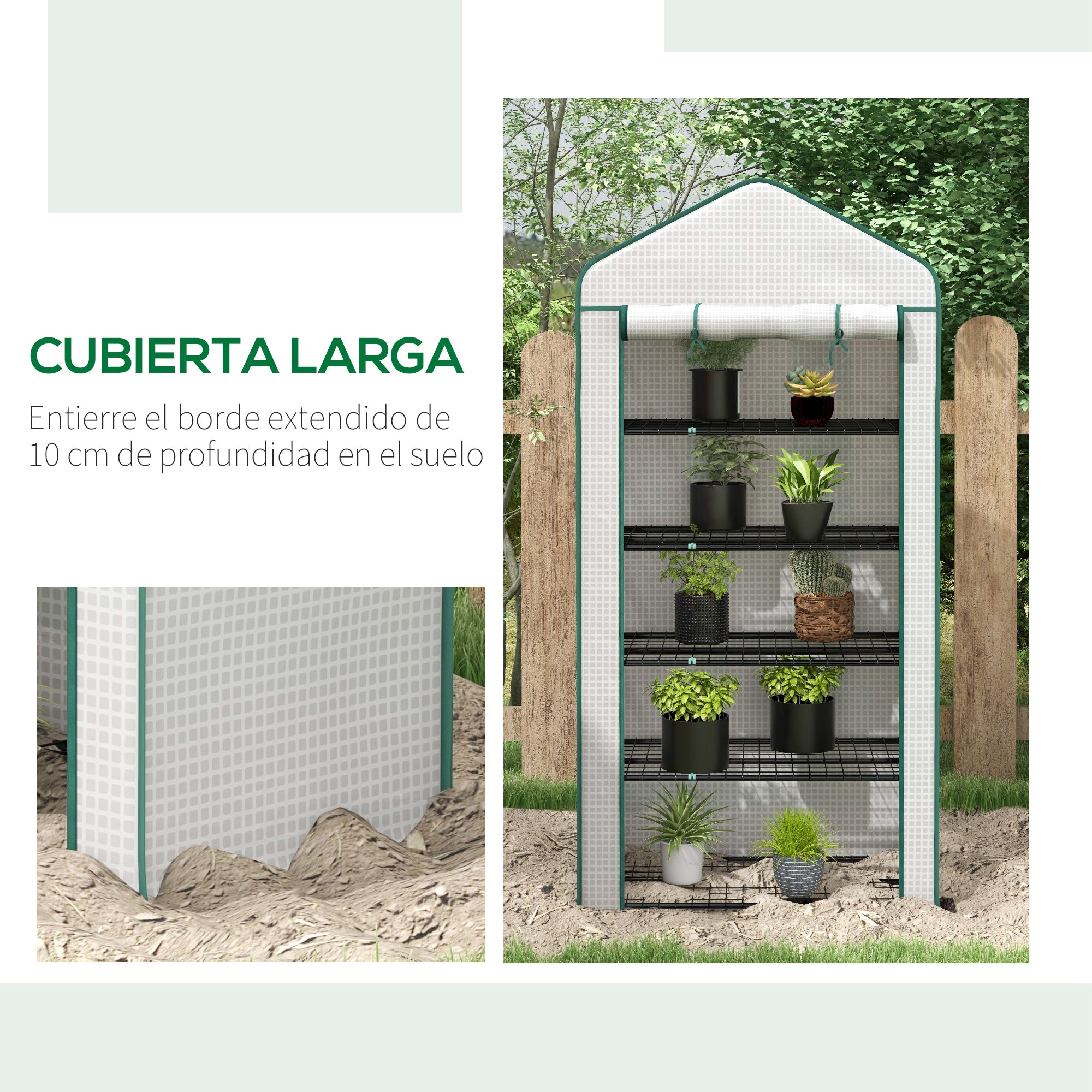 Outsunny Invernadero de Jardín de 5 Niveles Invernadero Pequeño Exterior con Puerta Enrollable con Cremallera Anti-UV Diseño Ensanchado y Estantes para Cultivo de Plantas Flores 90x49x193 cm Blanco