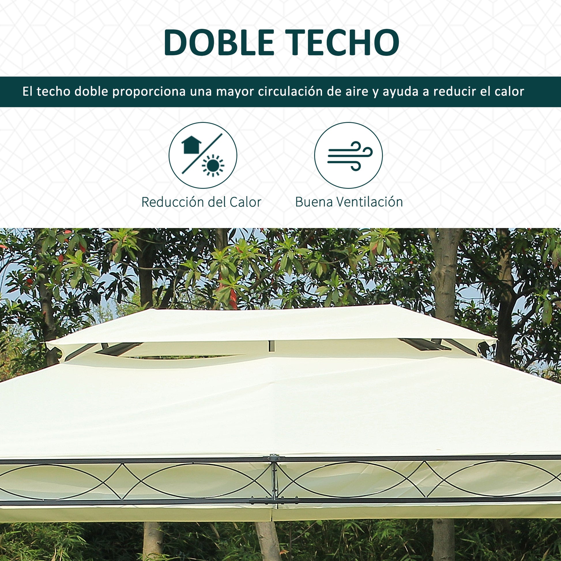 Outsunny Cenador de Jardín 4x3m Pabellón con Techo Doble Transpirable y 4 Cortinas Laterales Extraíbles Carpa de Acero Anti-UV Gazebo para Fiestas Bodas Eventos al Aire Libre Crema