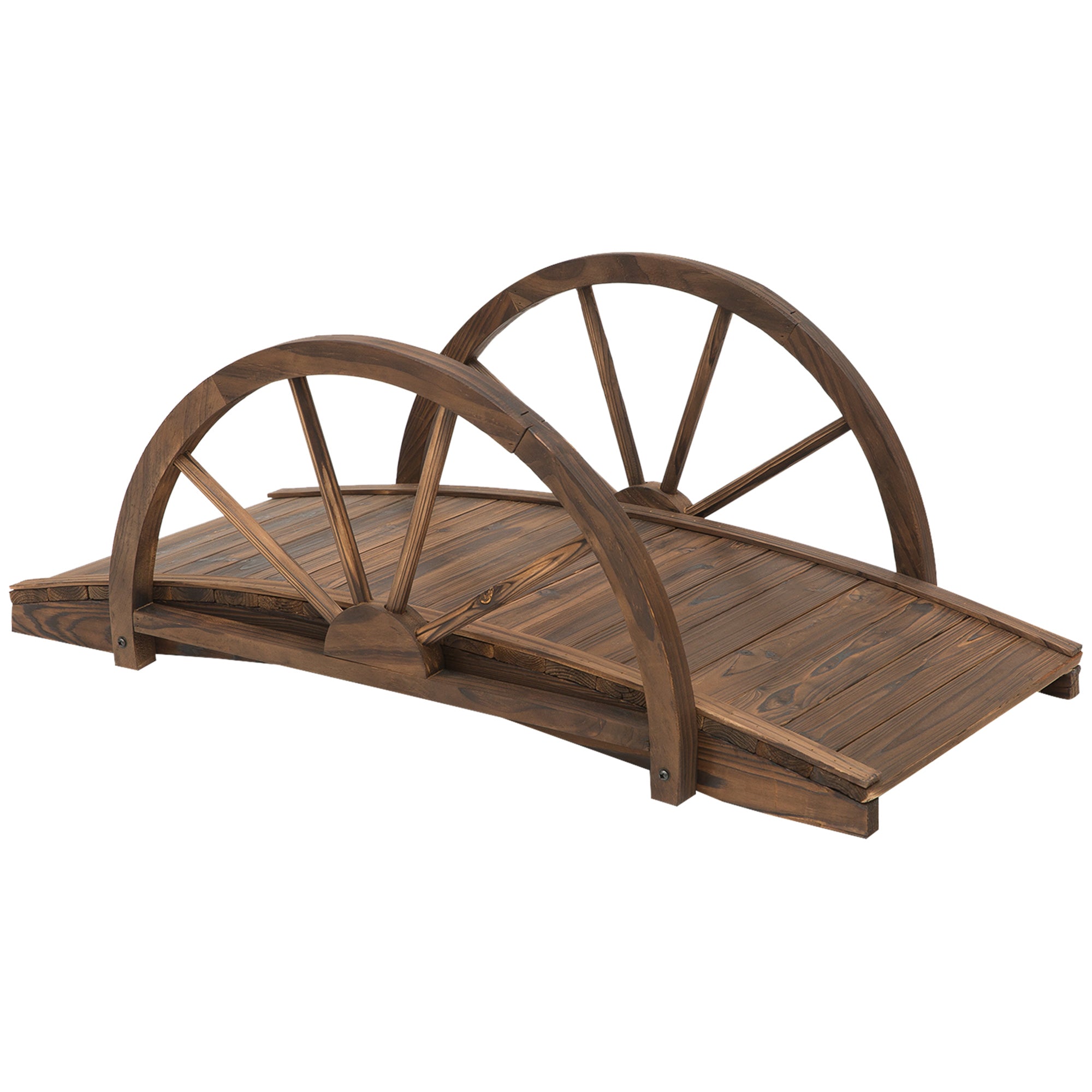 Outsunny Puente de Jardín Puente de Madera con Barandillas en Forma de Rueda Puente para Estanque Carga 150 kg Puente Decorativo para Patio 100x50x37 cm Madera Carbonizada