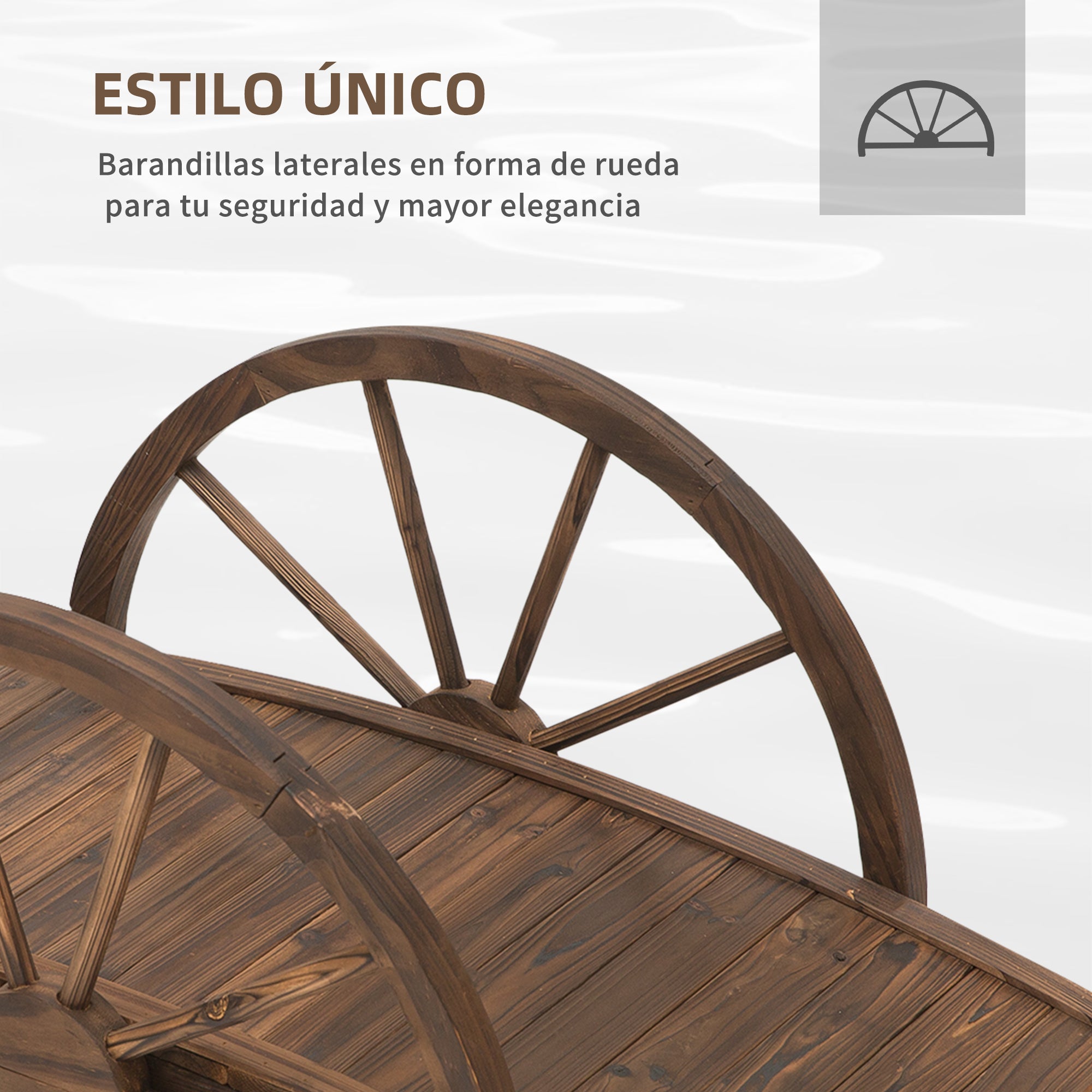 Outsunny Puente de Jardín Puente de Madera con Barandillas en Forma de Rueda Puente para Estanque Carga 150 kg Puente Decorativo para Patio 100x50x37 cm Madera Carbonizada