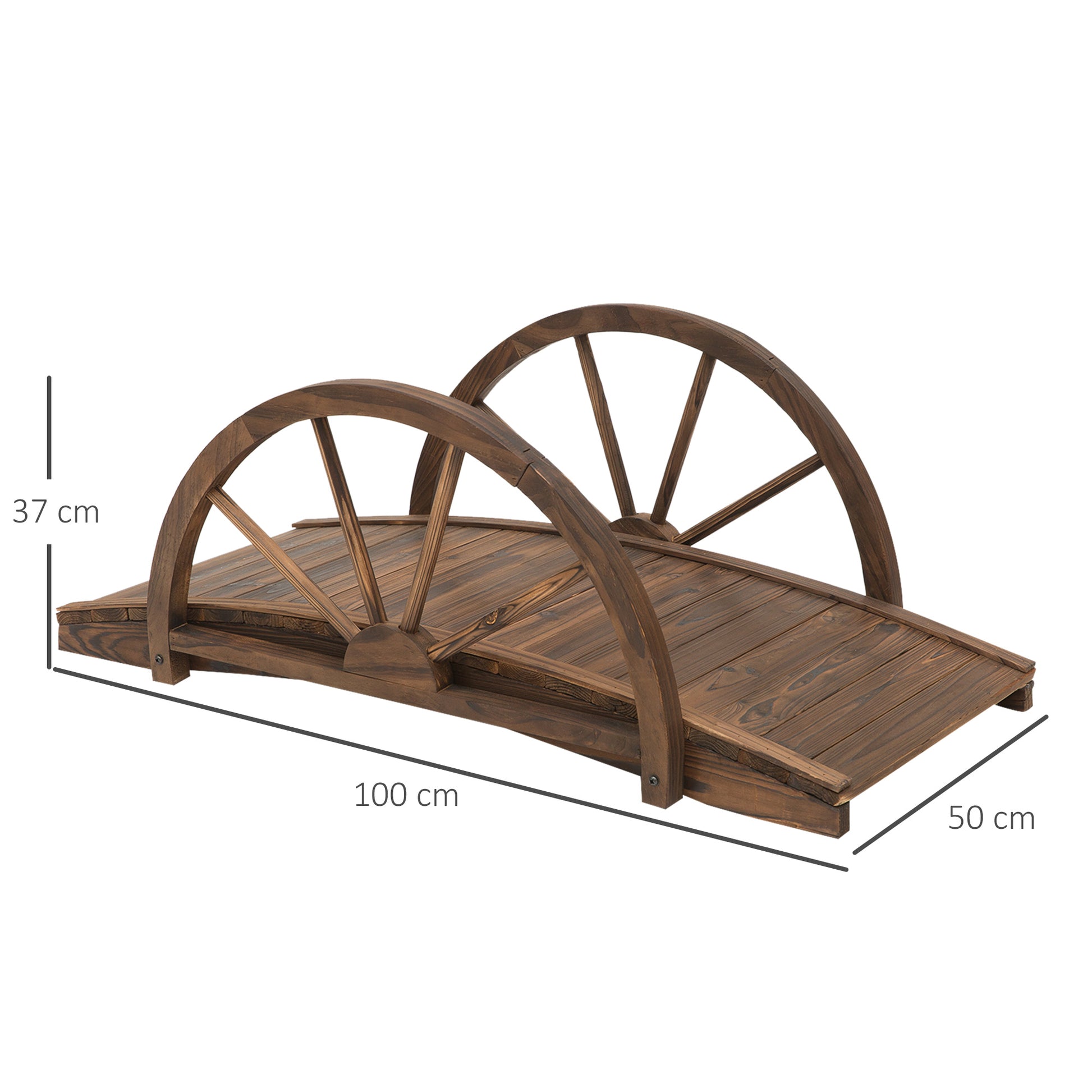 Outsunny Puente de Jardín Puente de Madera con Barandillas en Forma de Rueda Puente para Estanque Carga 150 kg Puente Decorativo para Patio 100x50x37 cm Madera Carbonizada