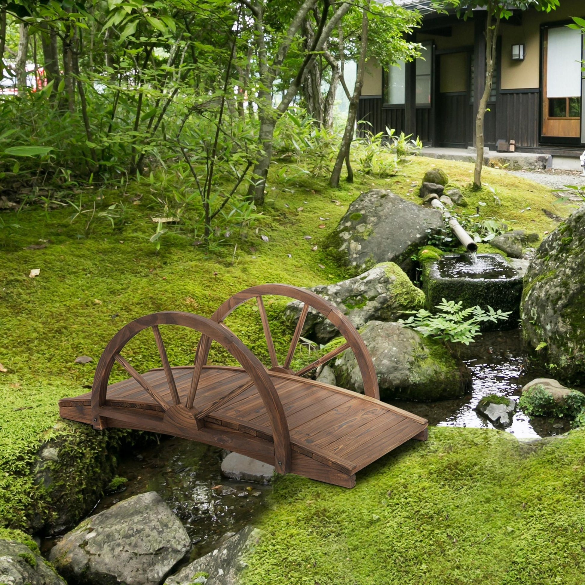 Outsunny Puente de Jardín Puente de Madera con Barandillas en Forma de Rueda Puente para Estanque Carga 150 kg Puente Decorativo para Patio 100x50x37 cm Madera Carbonizada