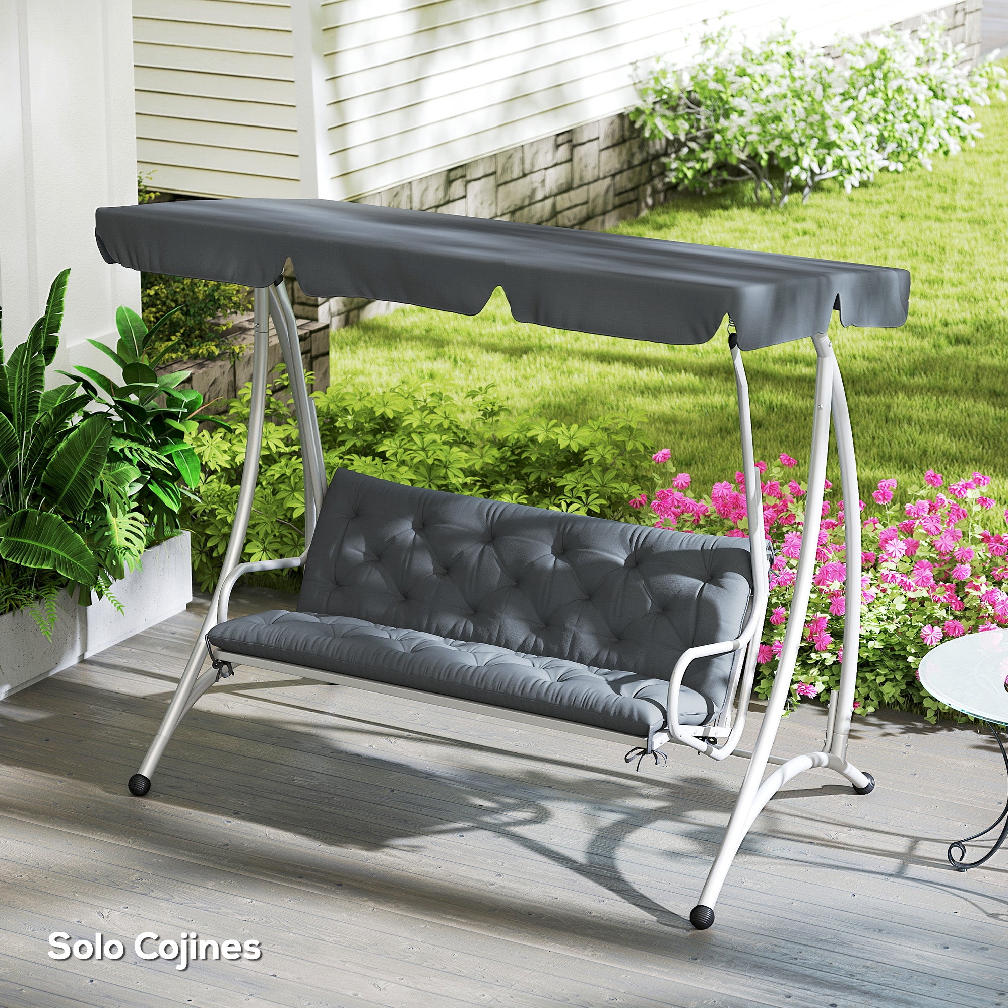 Outsunny Cojín para Banco con Respaldo 150x98x8 cm Colchón de Banco de 3 Plazas con 6 Cordones de Fijación para Jardín Terraza Balcón Exterior Gris