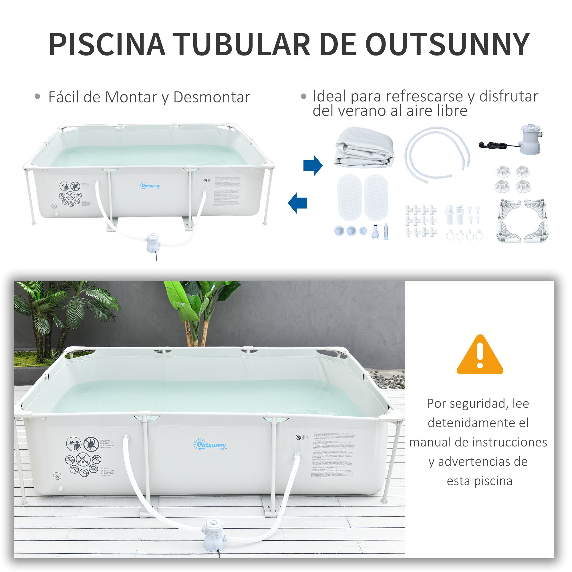 Outsunny Piscina Desmontable Tubular 292x190x75 cm con Depuradora de Cartucho 1200L/H Piscina Rectangular de Exterior para Adultos y Niños 3600L Gris