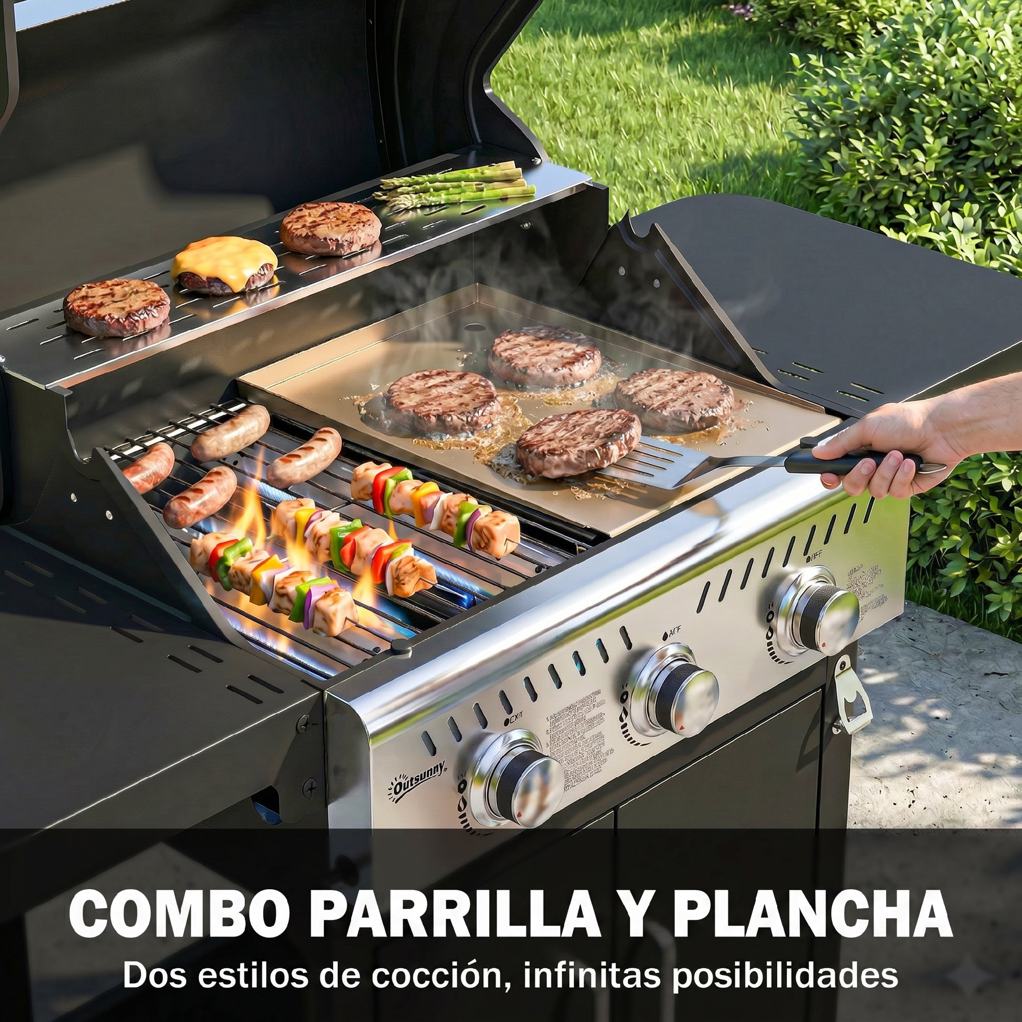 Outsunny Barbacoa de Gas BBQ Gas Portátil con 3 Quemadores 7,5 kW Termómetro Mesas Laterales Plegables Armario Rejilla Calentadora Parrilla Plancha Tapa con Ventana Recogedor y Recipiente Grasa Ruedas