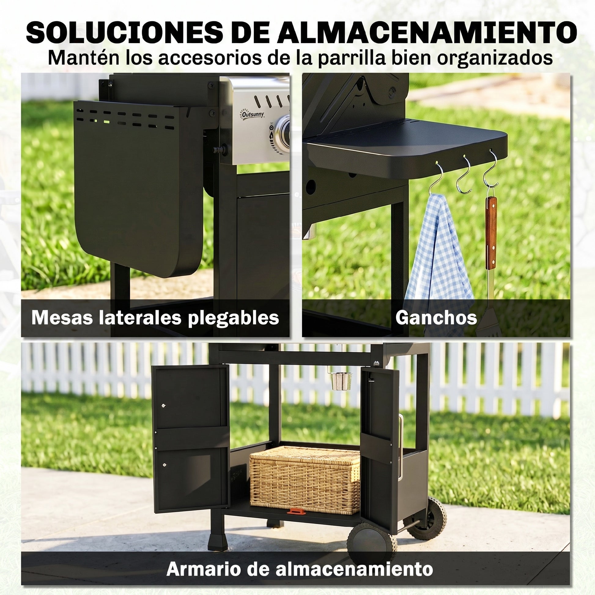 Outsunny Barbacoa de Gas BBQ Gas Portátil con 3 Quemadores 7,5 kW Termómetro Mesas Laterales Plegables Armario Rejilla Calentadora Parrilla Plancha Tapa con Ventana Recogedor y Recipiente Grasa Ruedas