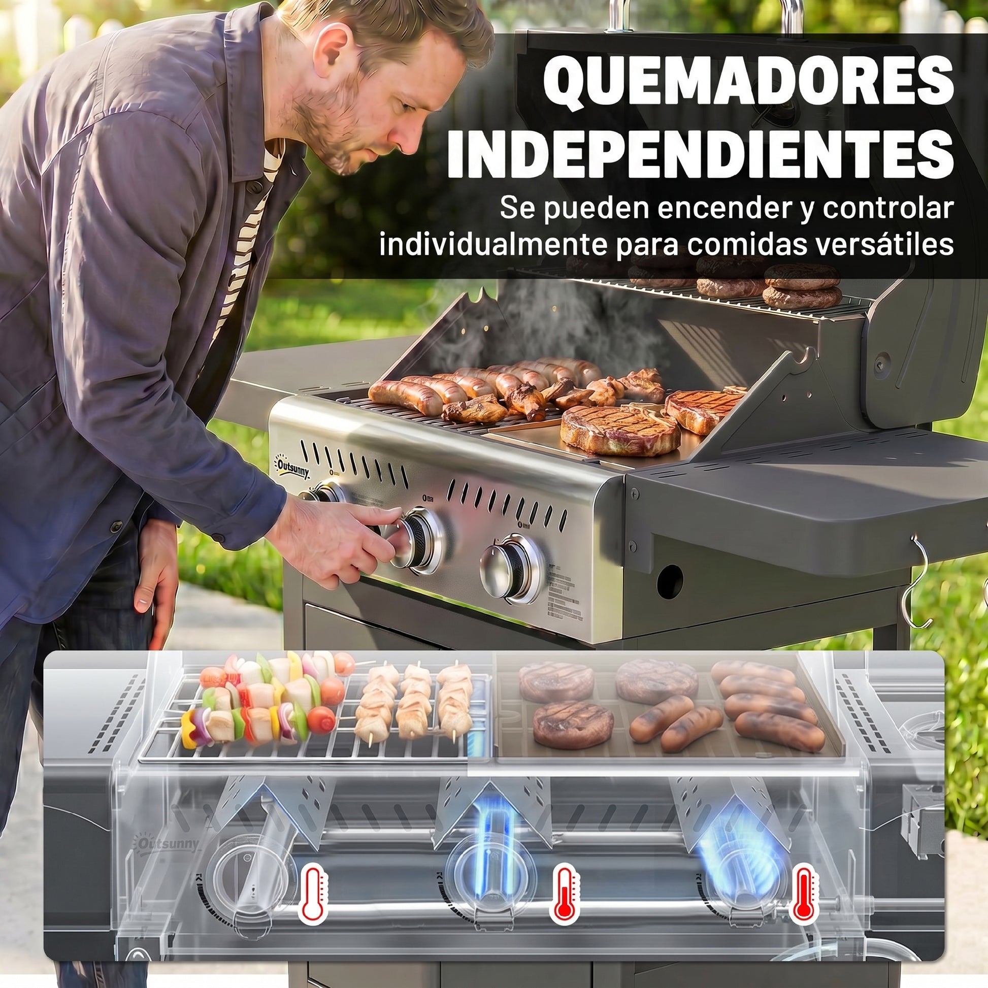 Outsunny Barbacoa de Gas BBQ Gas Portátil con 3 Quemadores 7,5 kW Termómetro Mesas Laterales Plegables Armario Rejilla Calentadora Parrilla Plancha Tapa con Ventana Recogedor y Recipiente Grasa Ruedas