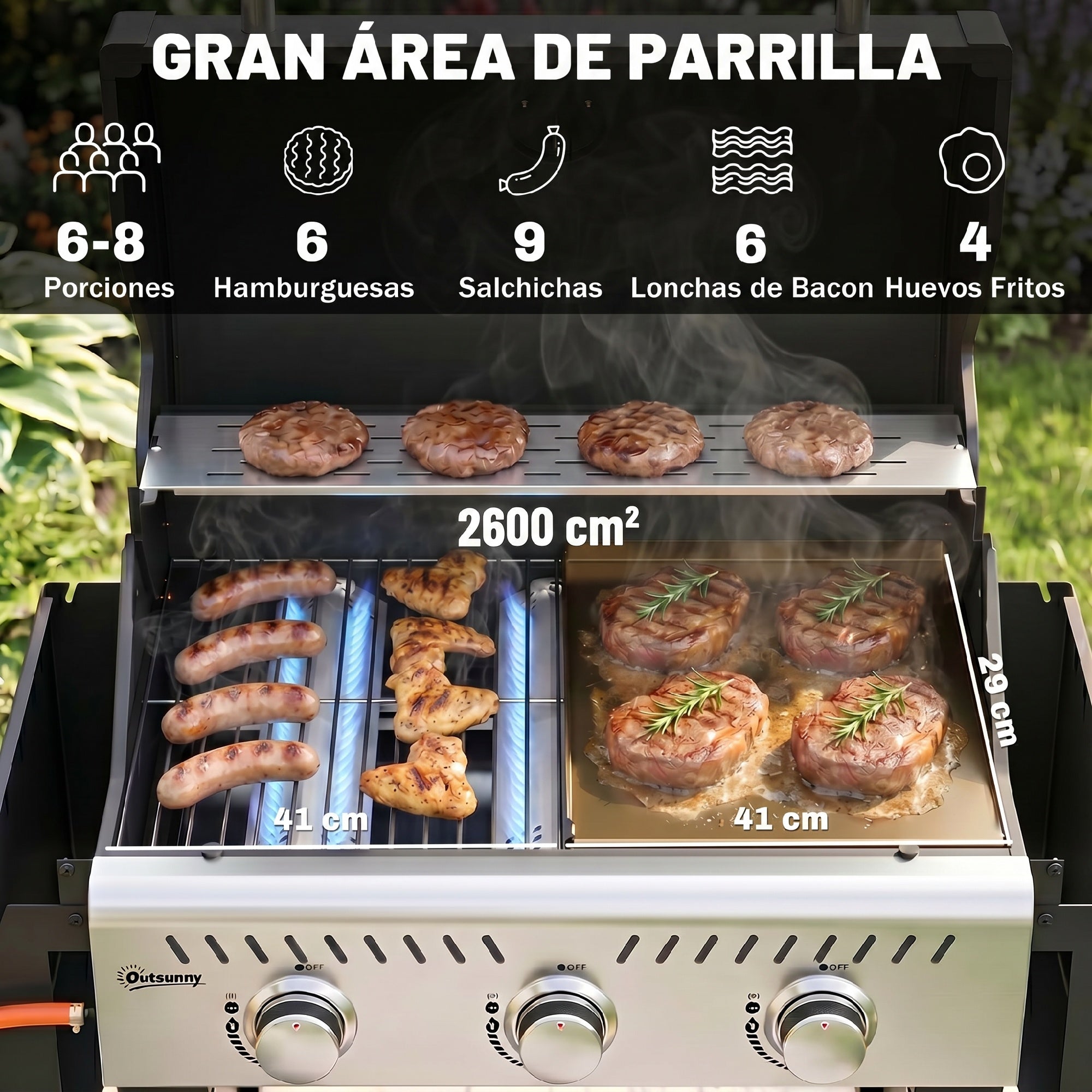 Outsunny Barbacoa de Gas BBQ Gas Portátil con 3 Quemadores 7,5 kW Termómetro Mesas Laterales Plegables Armario Rejilla Calentadora Parrilla Plancha Tapa con Ventana Recogedor y Recipiente Grasa Ruedas