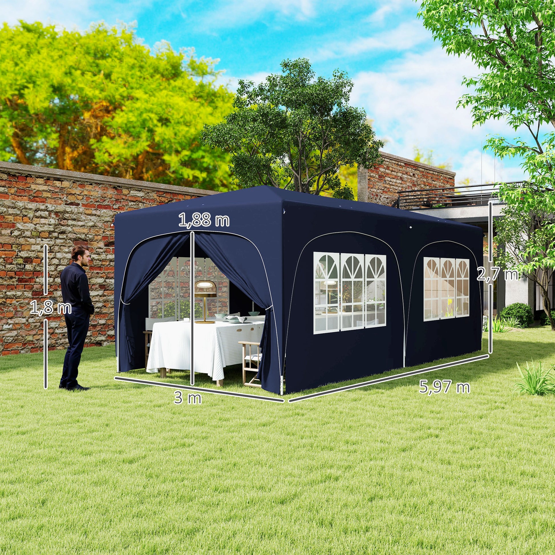 Outsunny Carpa Plegable Gazabo 3x6 m con Paneles Laterales UPF50+ Cenador Pabellón de Jardín con Altura Ajustable y Bolsa de Transporte para Camping Fiestas Patio Terraza Azul Oscuro