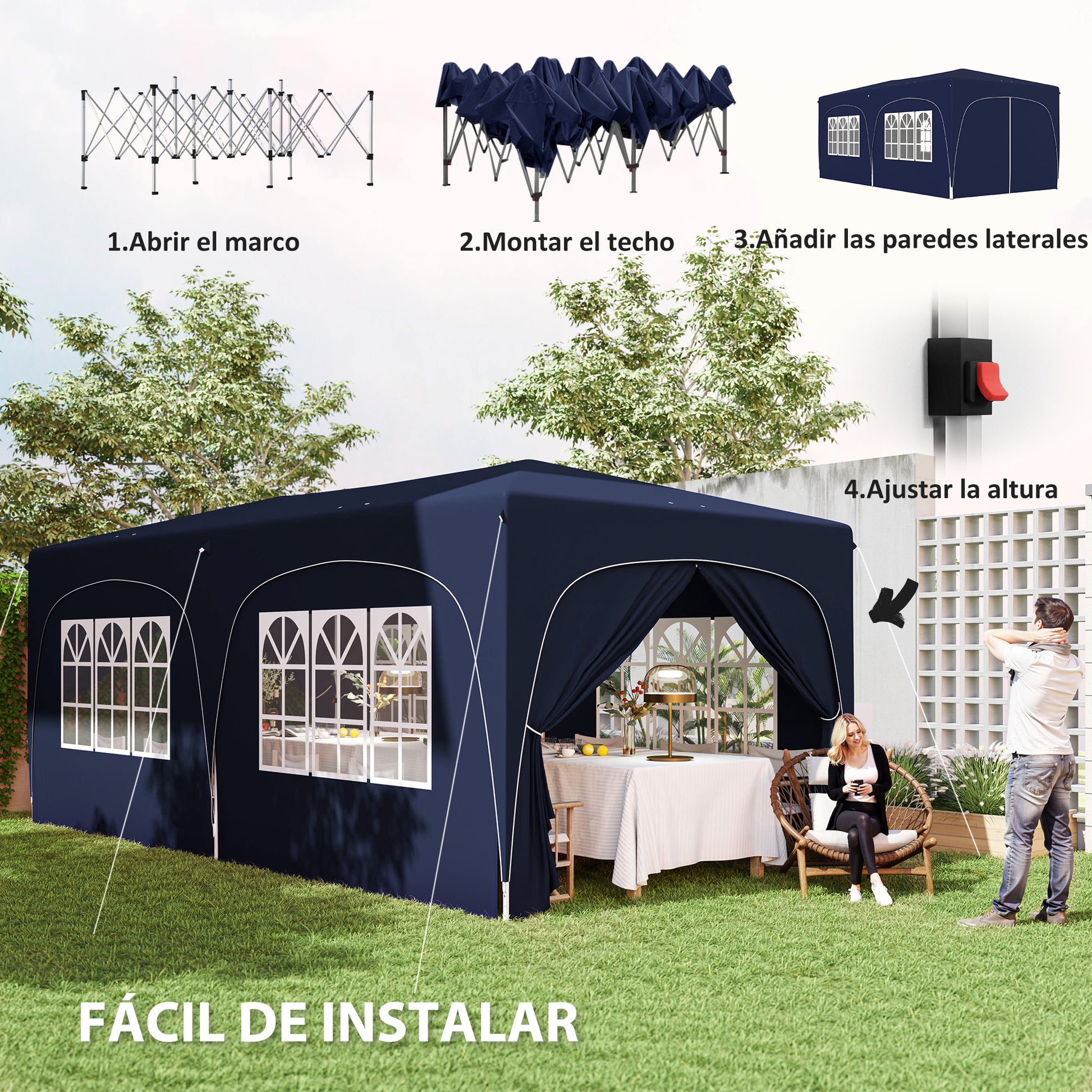 Outsunny Carpa Plegable Gazabo 3x6 m con Paneles Laterales UPF50+ Cenador Pabellón de Jardín con Altura Ajustable y Bolsa de Transporte para Camping Fiestas Patio Terraza Azul Oscuro