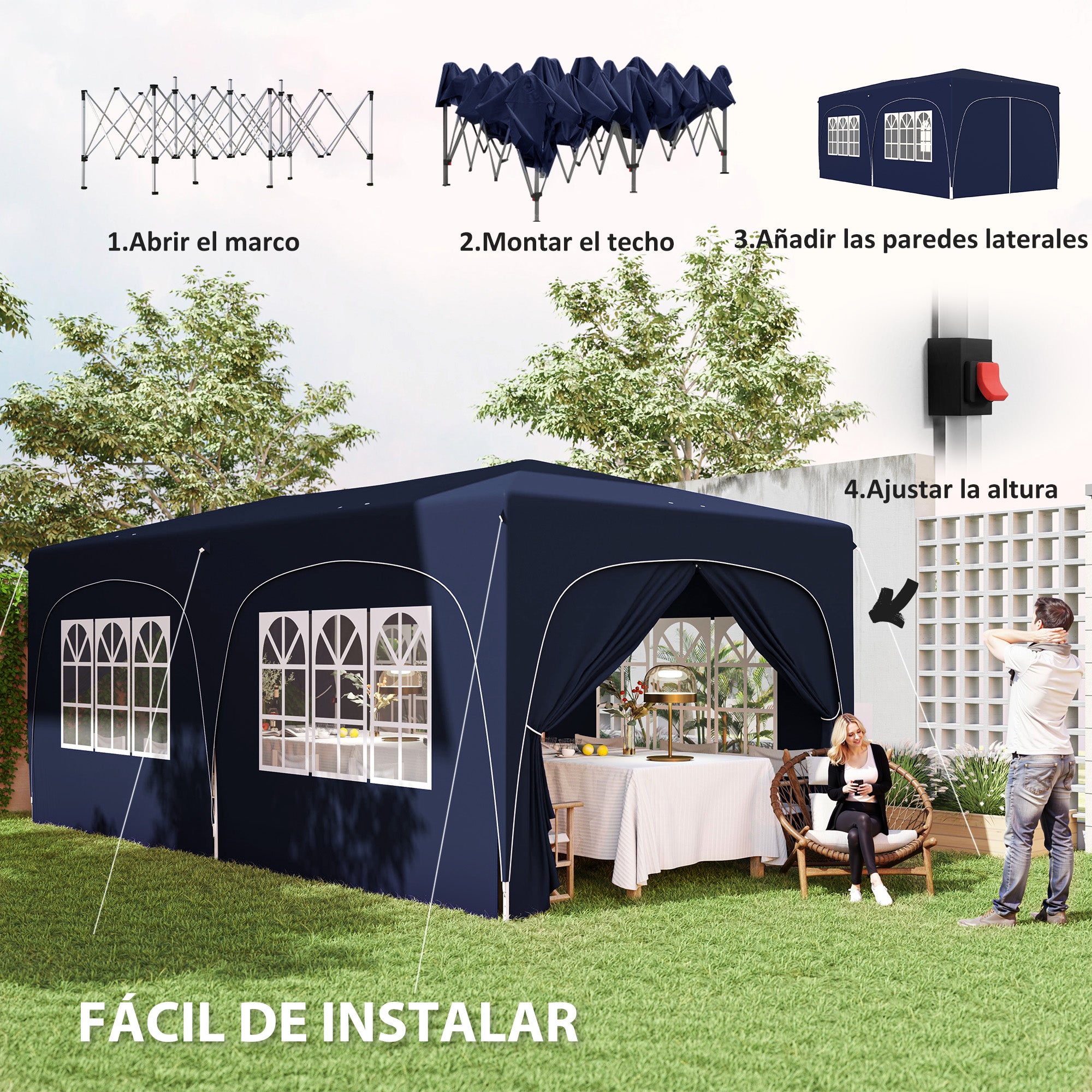 Outsunny Carpa Plegable Gazabo 3x6 m con Paneles Laterales UPF50+ Cenador Pabellón de Jardín con Altura Ajustable y Bolsa de Transporte para Camping Fiestas Patio Terraza Azul Oscuro