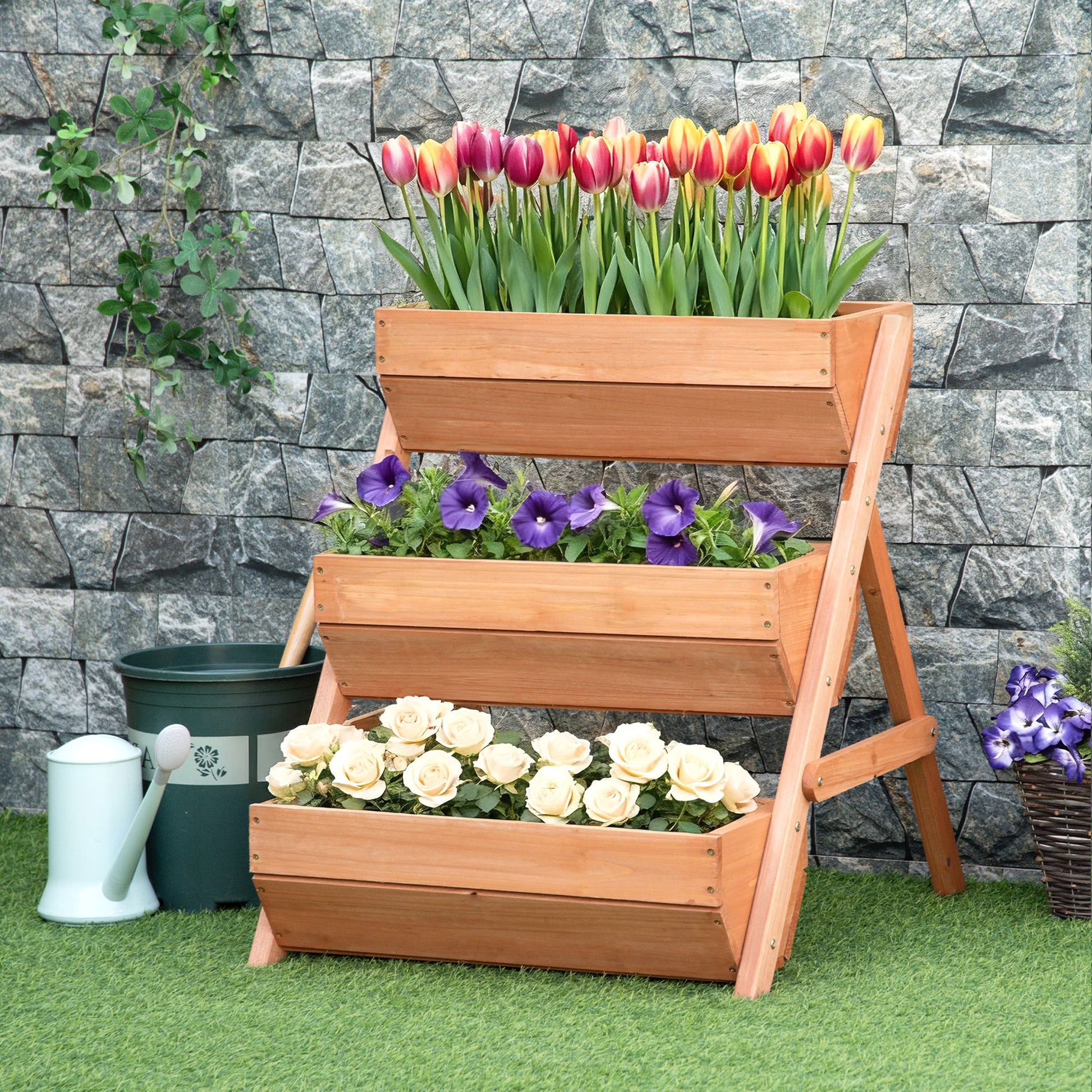 Outsunny Jardinera de Madera de 3 Niveles, Jardinera Elevada Exterior con Orificios de Drenaje, Macetero para Cultivos de Plantas, Flores, para Terraza, Jardín, 65x75x76 cm, Marrón