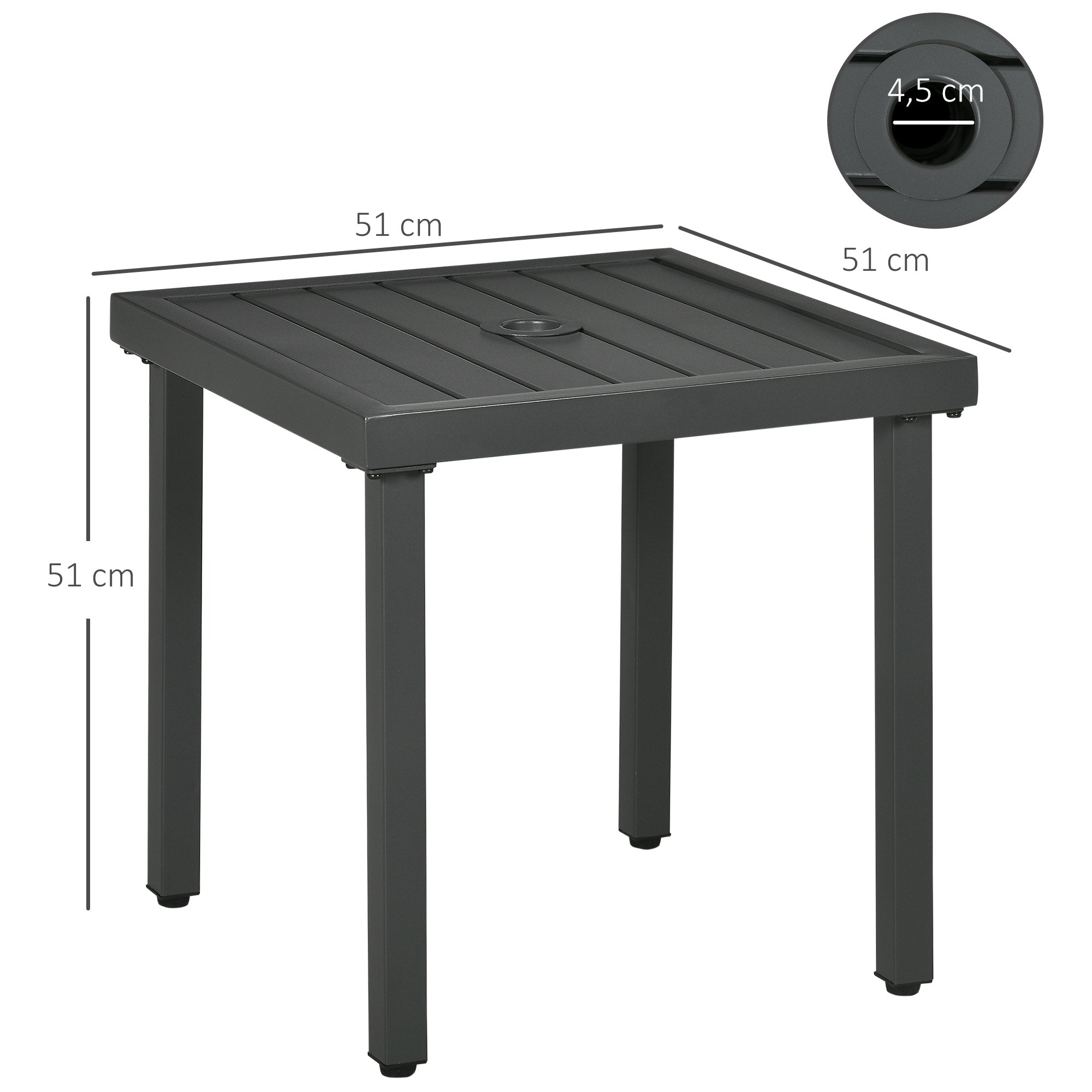 Outsunny Mesa de Jardín Cuadrada Mesa de Centro de Patio con Orificio para Sombrillas de Ø45 mm Mesa Auxiliar con Marco de Acero 51x51x51 cm Gris