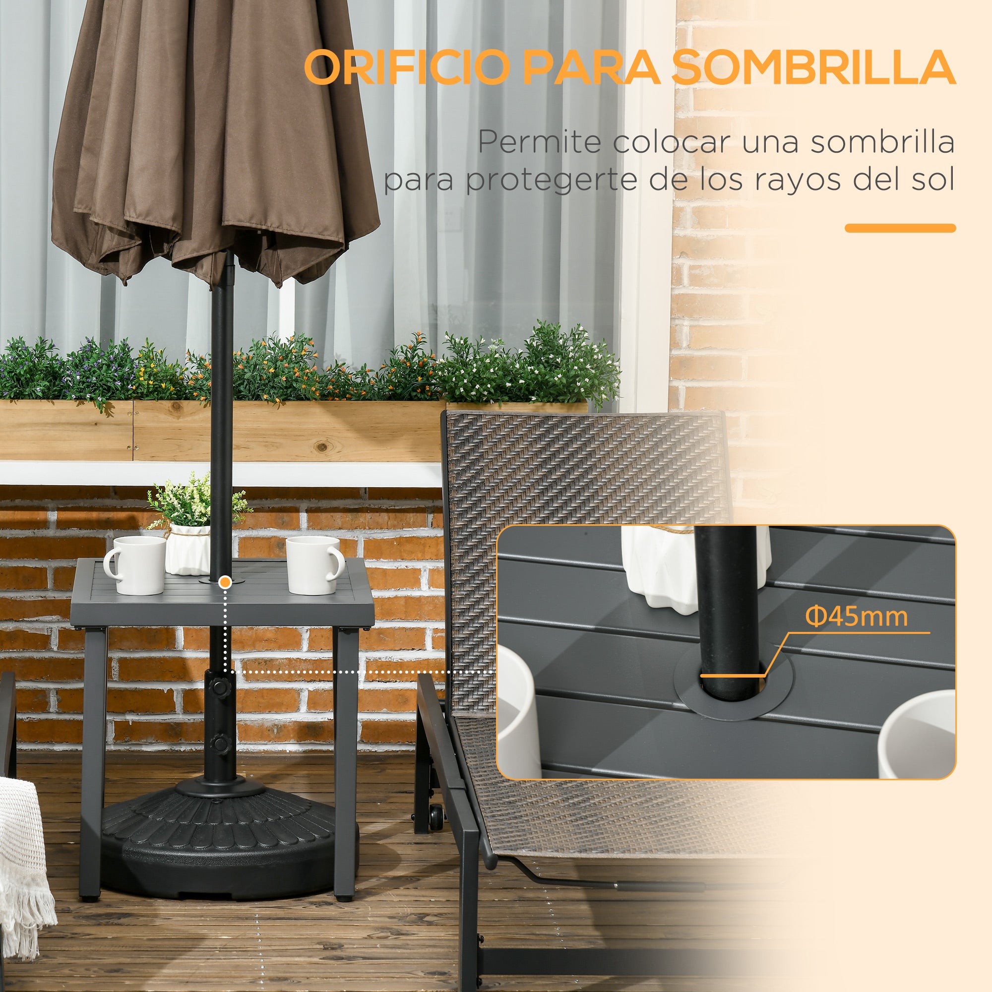 Outsunny Mesa de Jardín Cuadrada Mesa de Centro de Patio con Orificio para Sombrillas de Ø45 mm Mesa Auxiliar con Marco de Acero 51x51x51 cm Gris